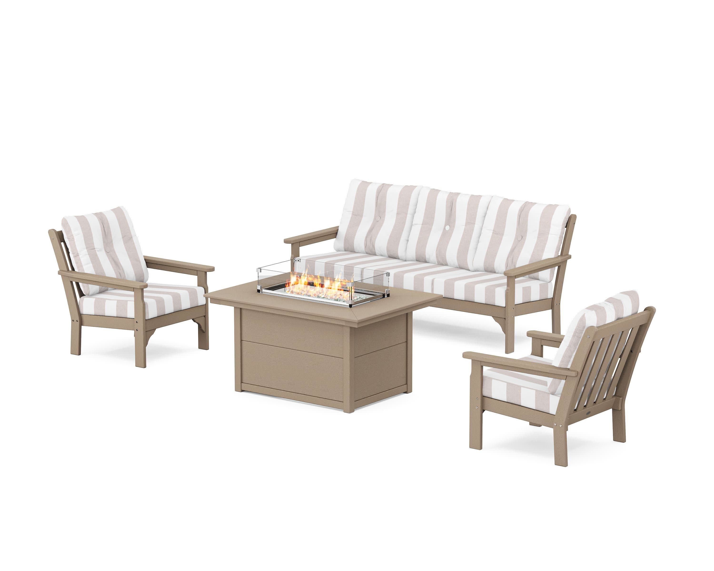 Vineyard Deep Seating Fire Pit Table Set in Vintage Sahara / Cabana Stripe Dune Burlap