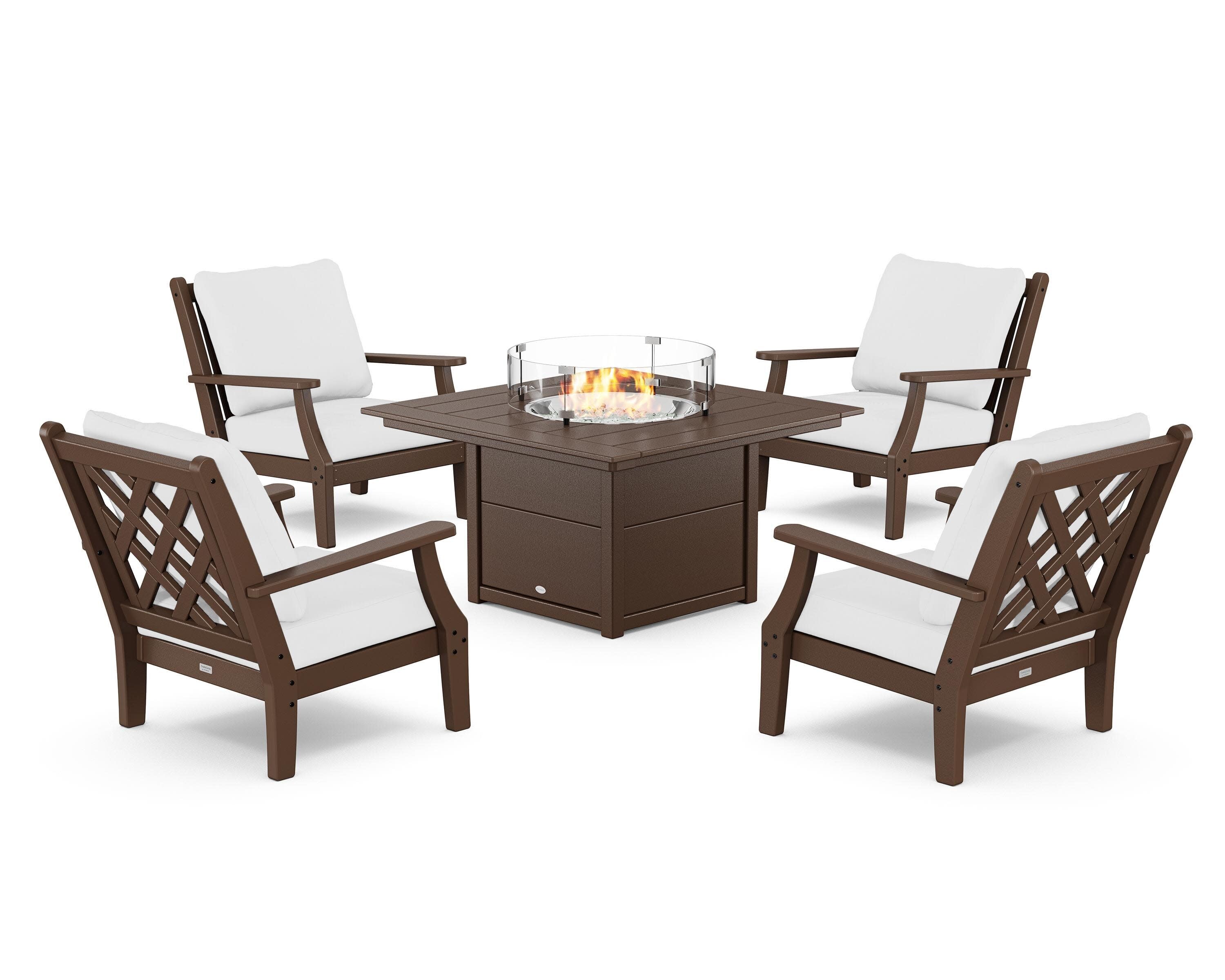 Wovendale 5-Piece Deep Seating Set with Fire Pit Table in Mahogany / Natural