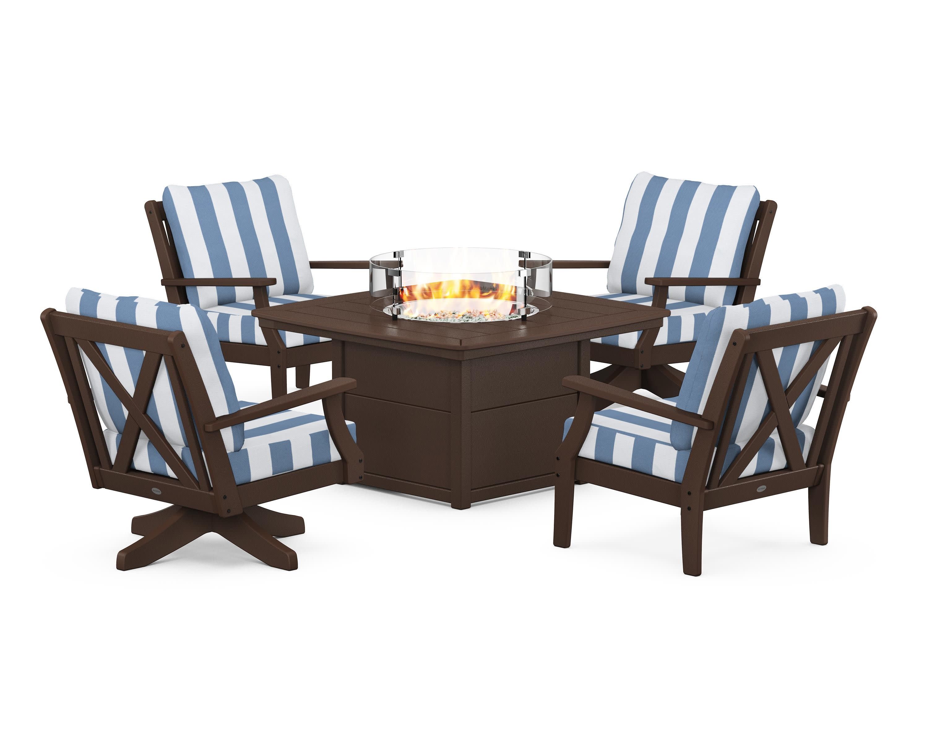 Braxton 5-Piece Deep Seating Set with Fire Table in Mahogany / Cabana Stripe Sky Blue