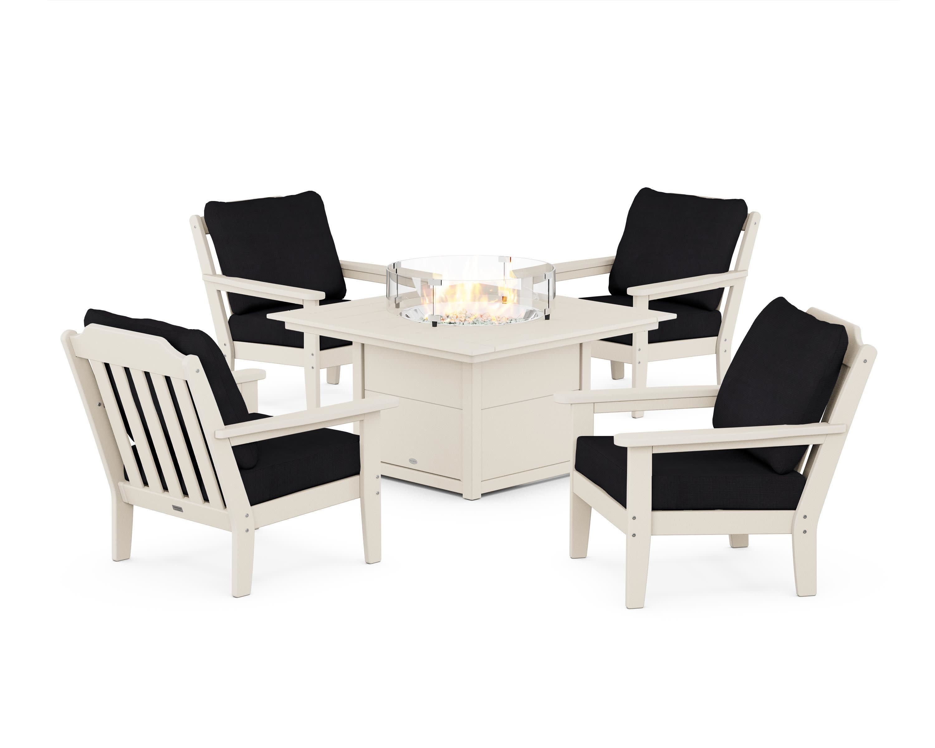 Cottage 5-Piece Deep Seating Set with Fire Pit Table in Sand / Midnight Linen