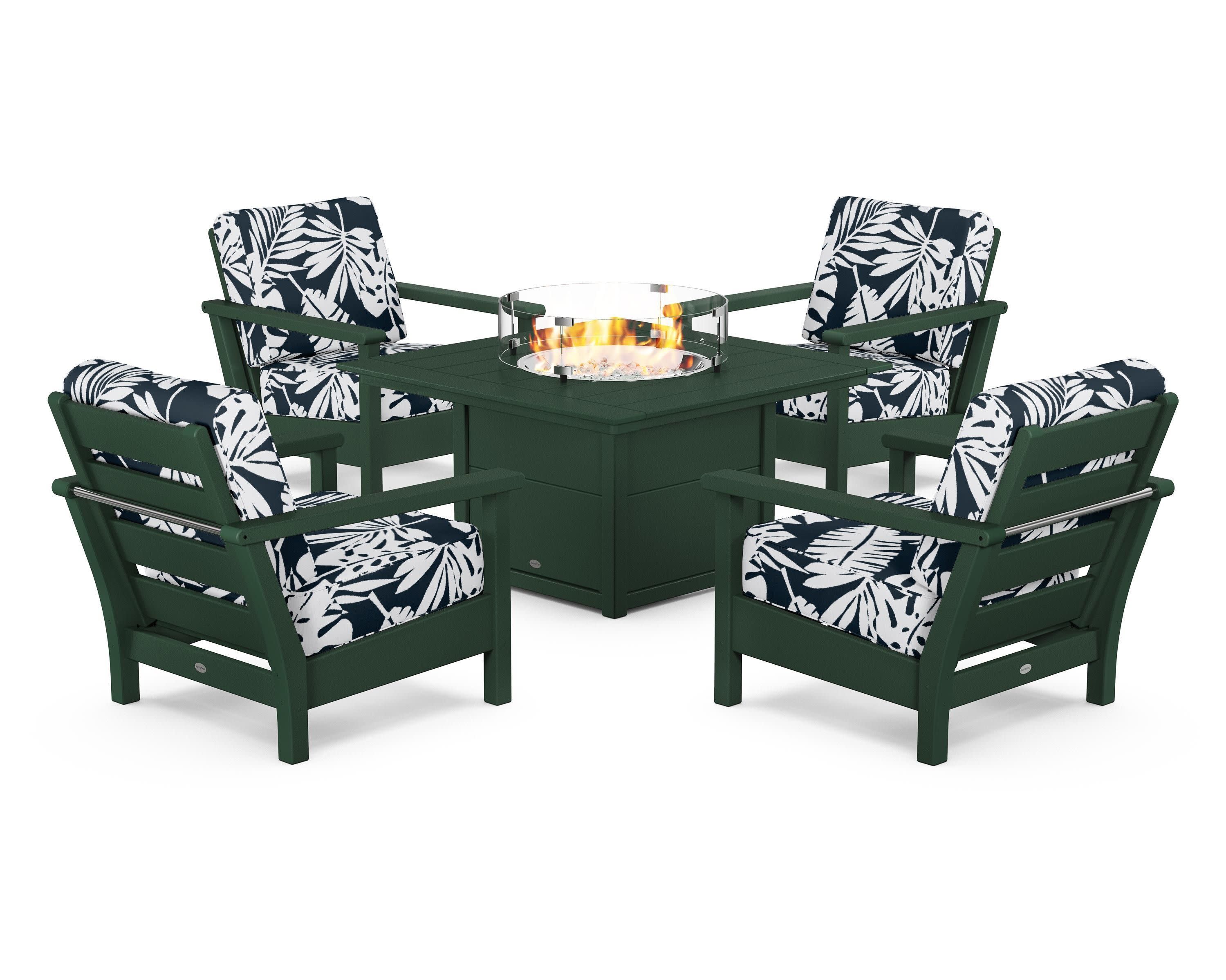 Harbour 5-Piece Conversation Set with Fire Pit Table in Green / Leaf Marine Indigo