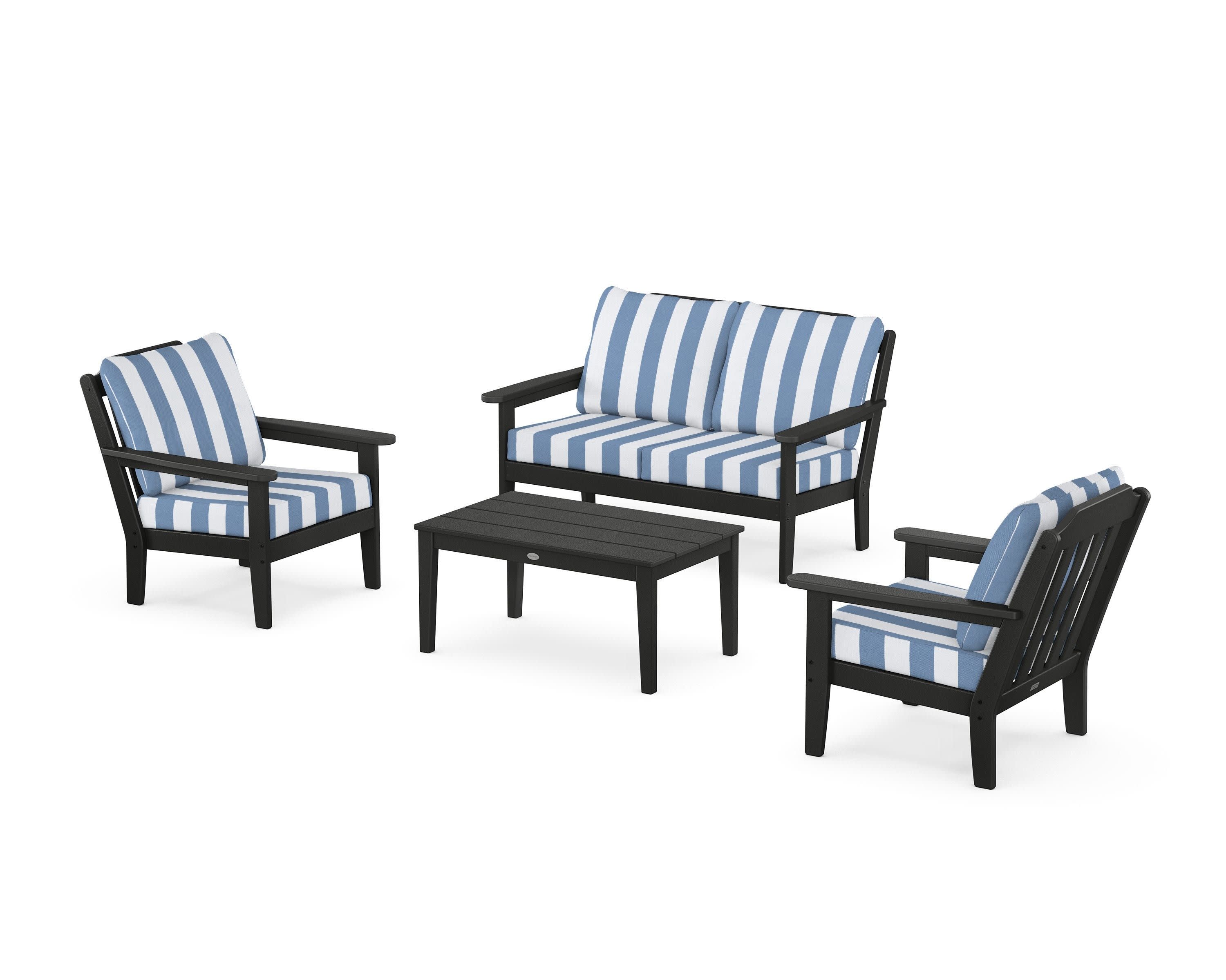 Cottage 4-Piece Deep Seating Set with Loveseat in Black / Cabana Stripe Sky Blue