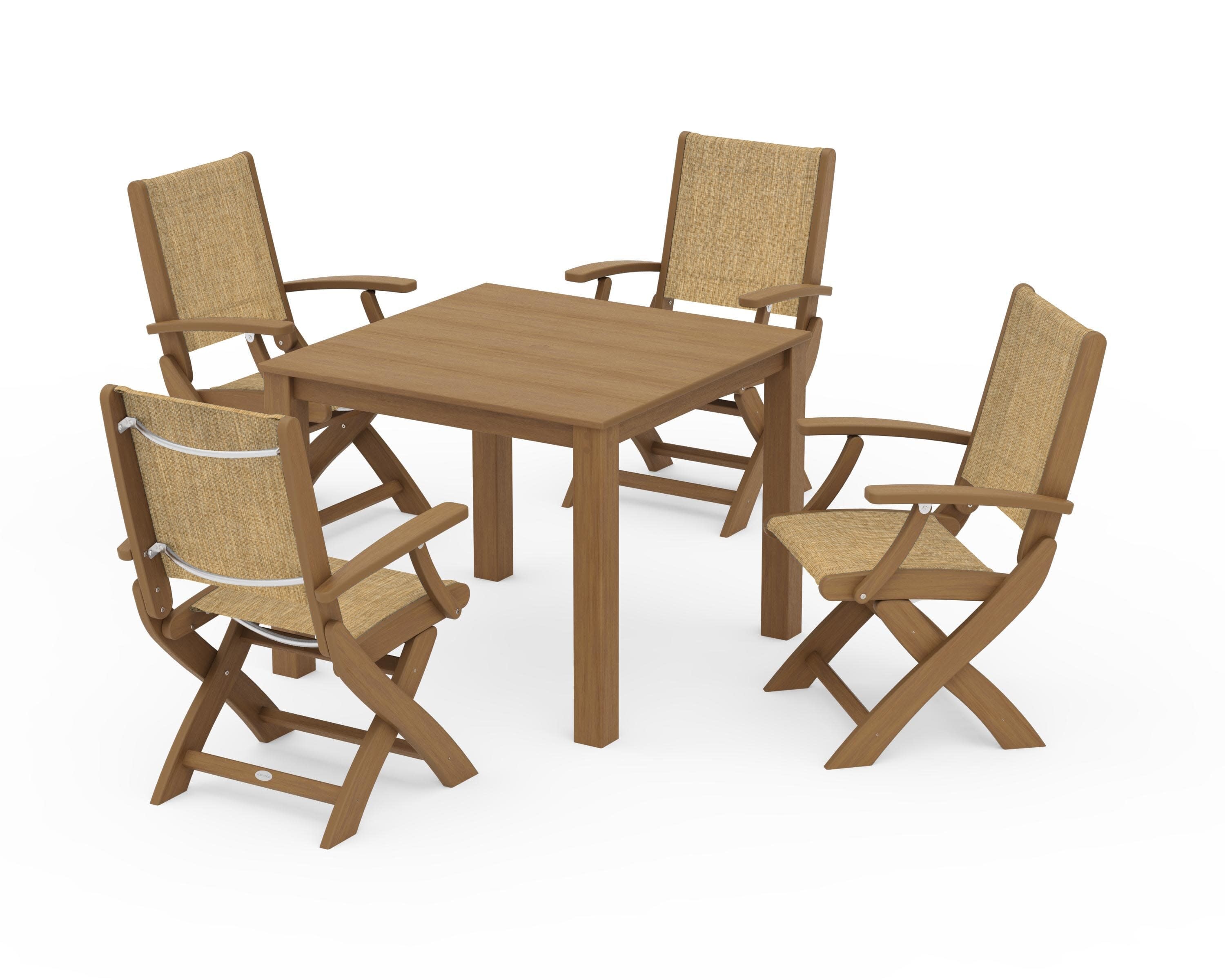 Coastal Folding Chair 5-Piece Parsons Dining Set in Natural / Burlap Sling