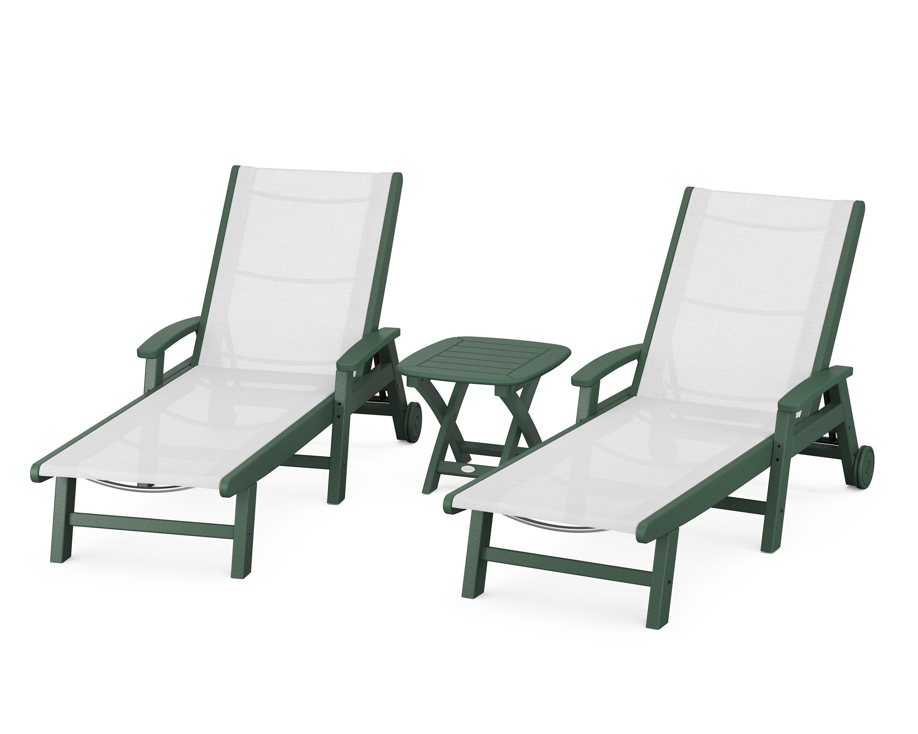 Coastal 3-Piece Wheeled Chaise Set in Green / White Sling