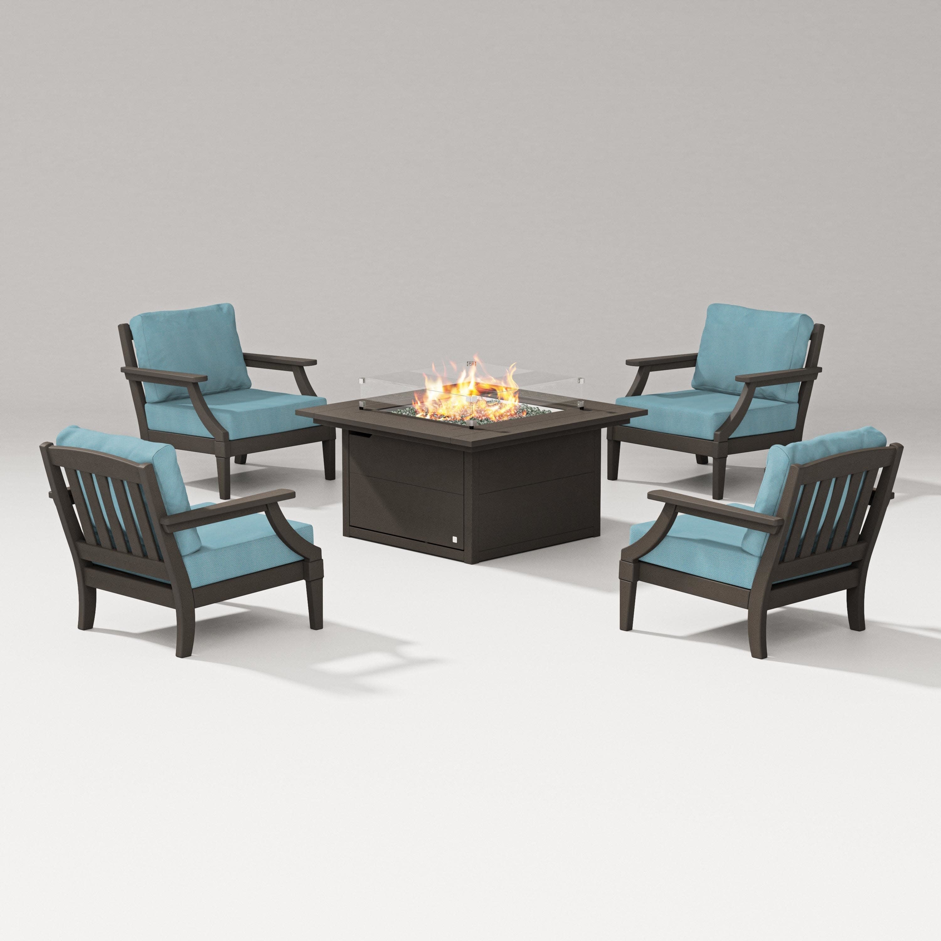 Estate 5-Piece Lounge Fire Table Set in Vintage Coffee / Lattice Sky Blue