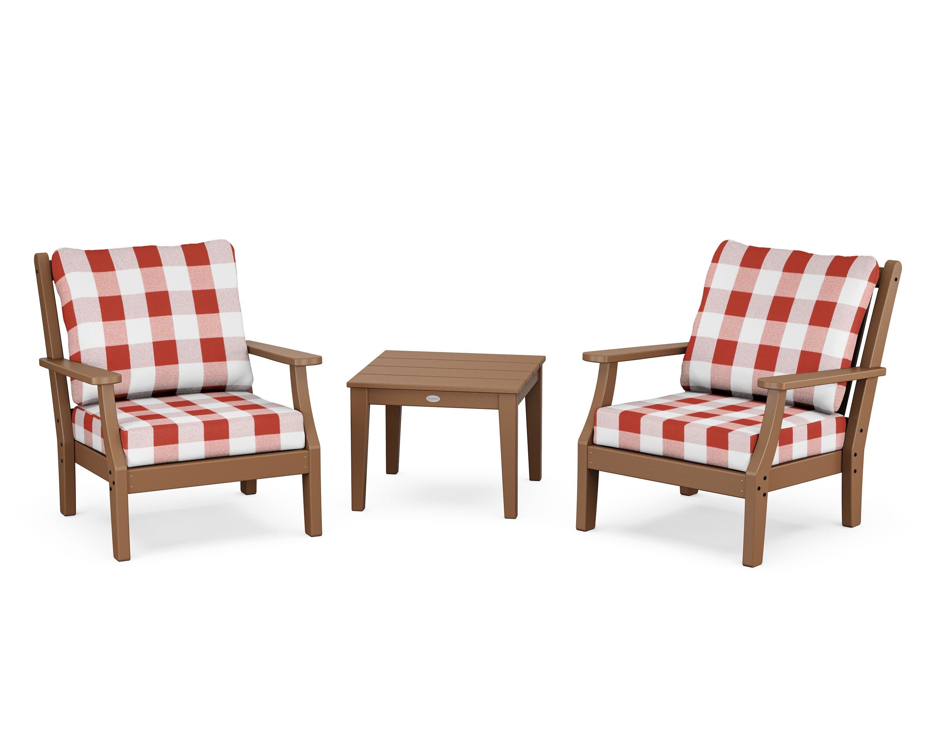 Wovendale 3-Piece Deep Seating Set in Teak / Buffalo Plaid Crimson