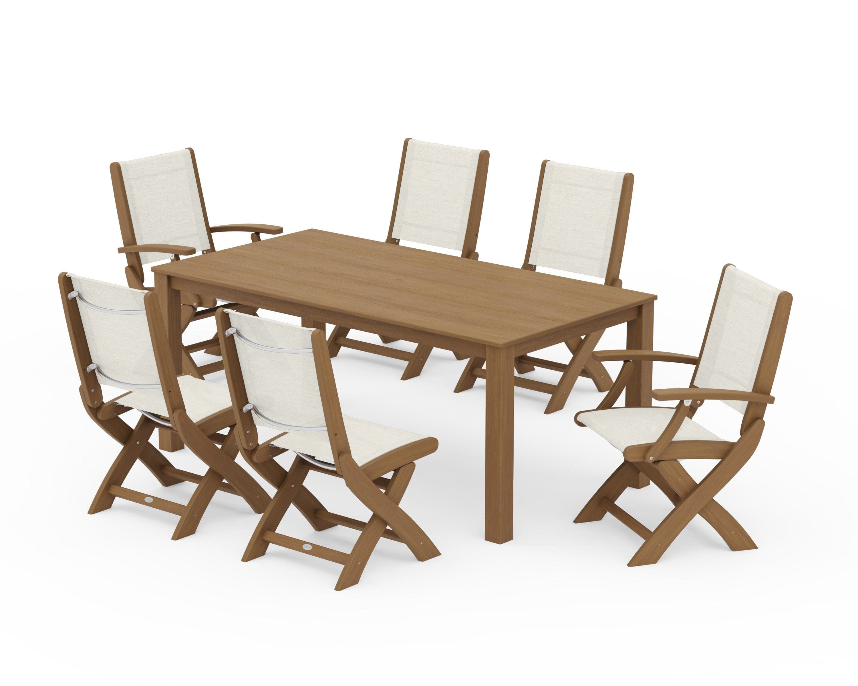 Coastal Folding Chair 7-Piece Parsons Dining Set in Natural / Parchment Sling