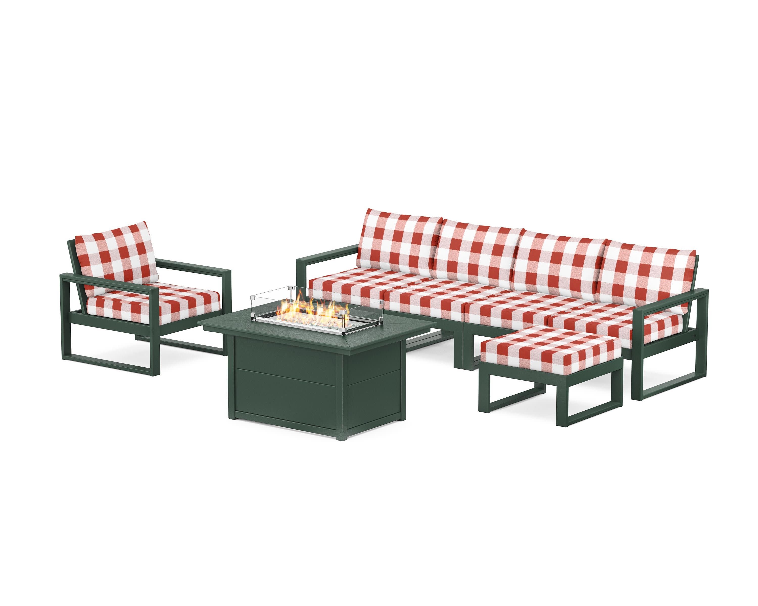 EDGE Sectional Lounge and Fire Pit Set in Green / Buffalo Plaid Crimson