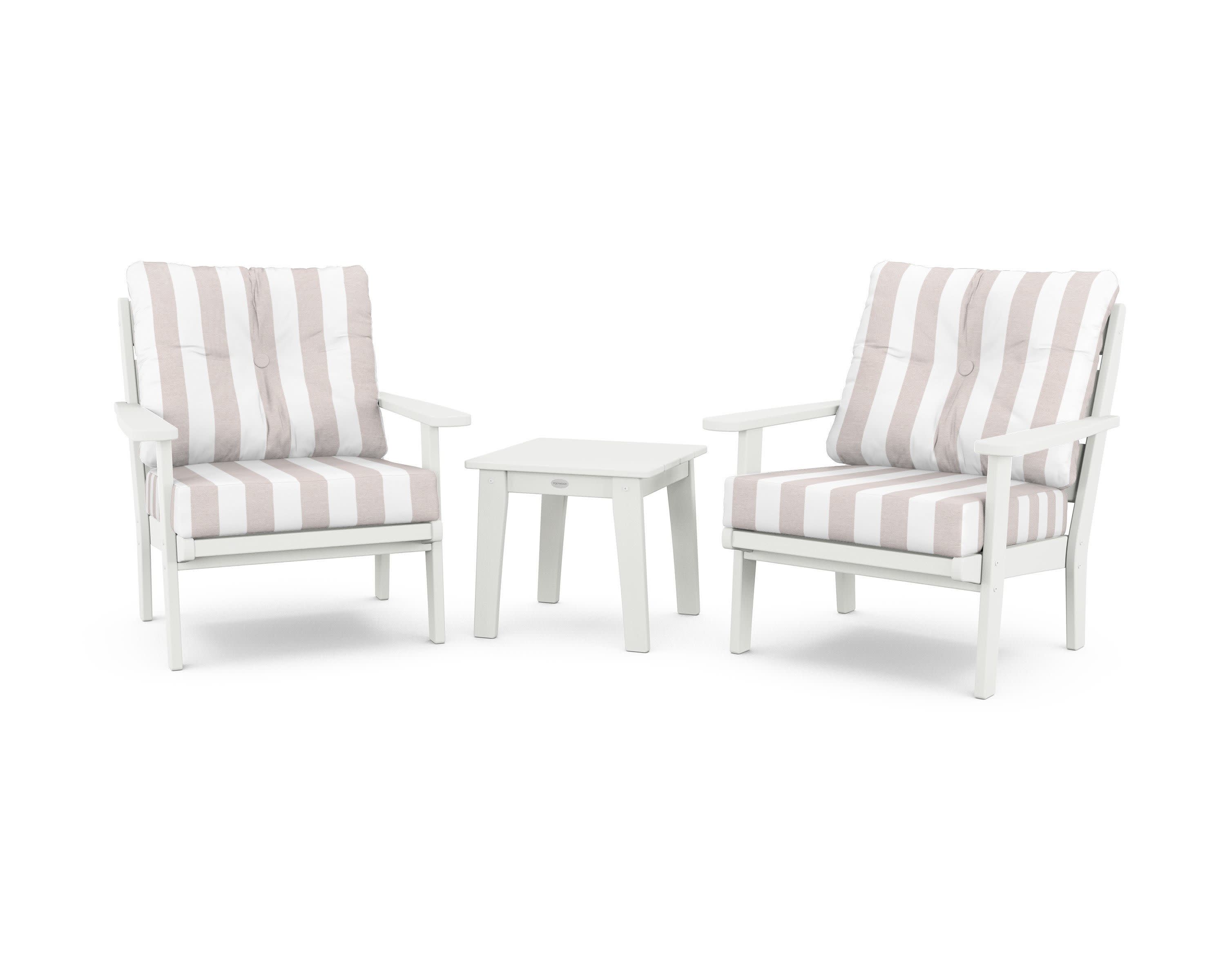 Lakeside 3-Piece Deep Seating Chair Set in Vintage White / Cabana Stripe Dune Burlap