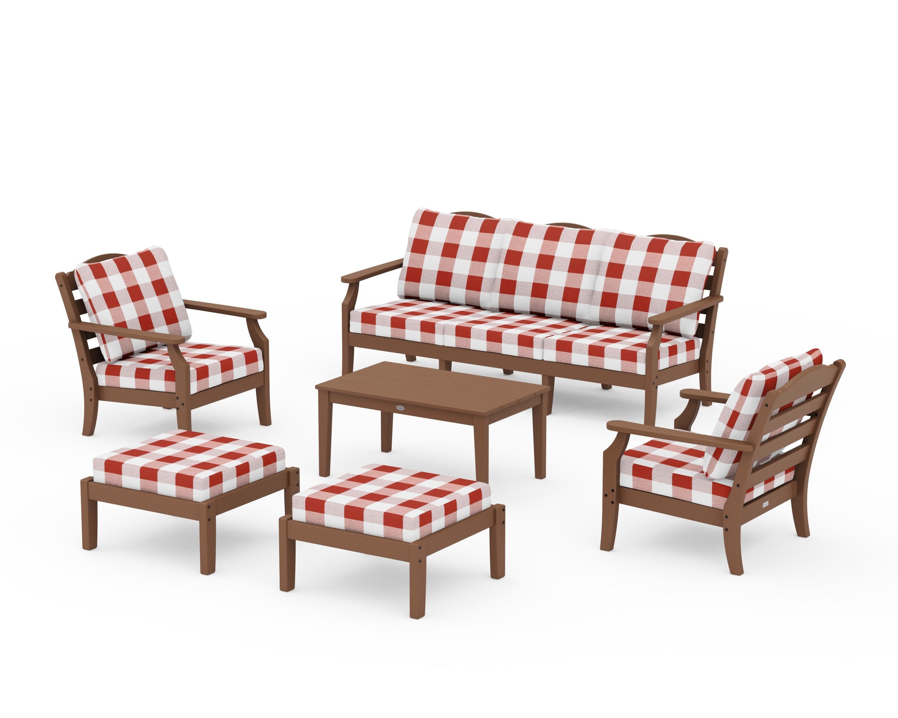 Savannah 6-Piece Lounge Sofa Set in Teak / Buffalo Plaid Crimson