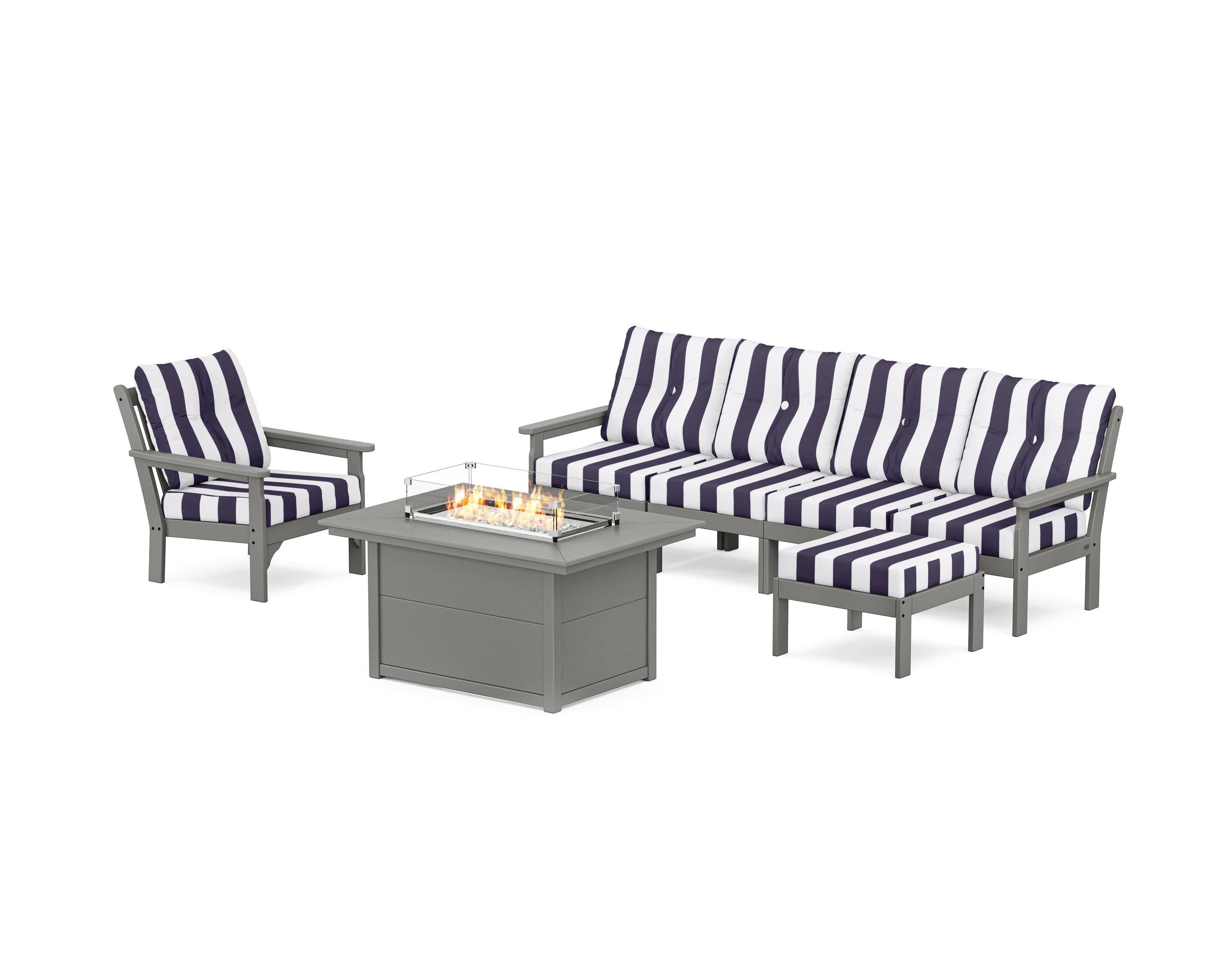 Vineyard Sectional Lounge and Fire Pit Set in Slate Grey / Cabana Stripe Navy
