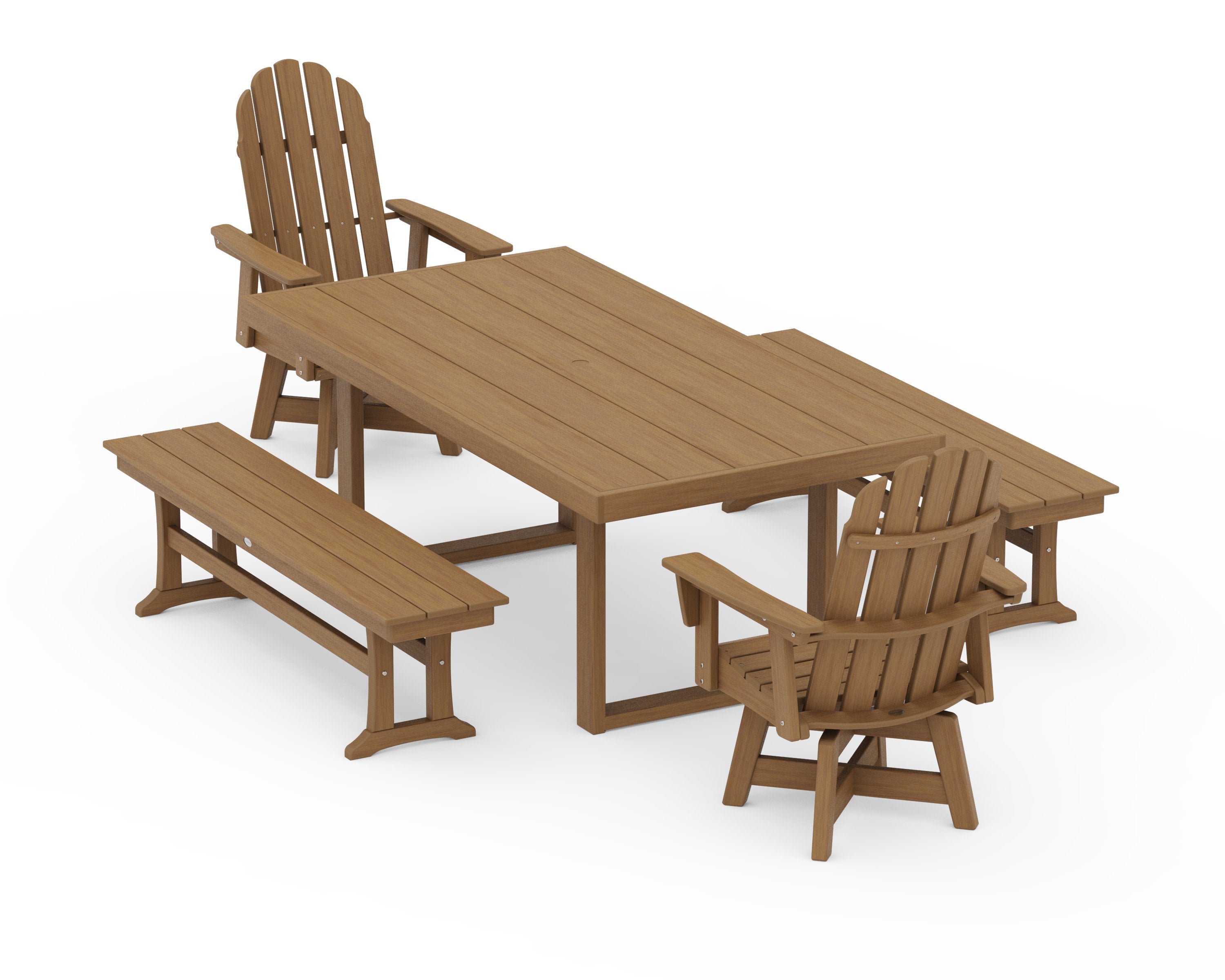 Vineyard Curveback Adirondack Swivel Chair 5-Piece Dining Set with Benches in Natural