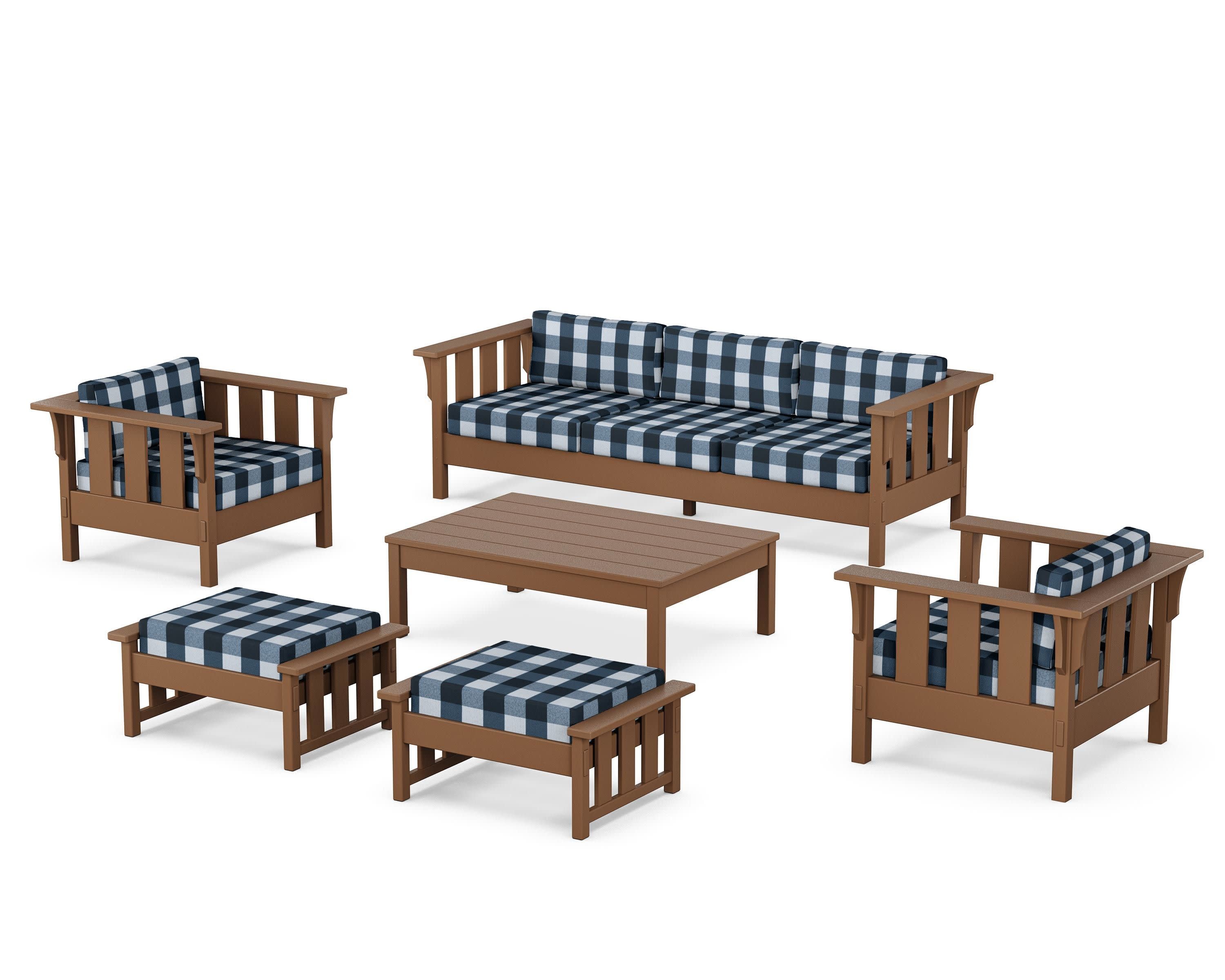 Acadia 6-Piece Lounge Sofa Set in Teak / Buffalo Plaid Marine Indigo