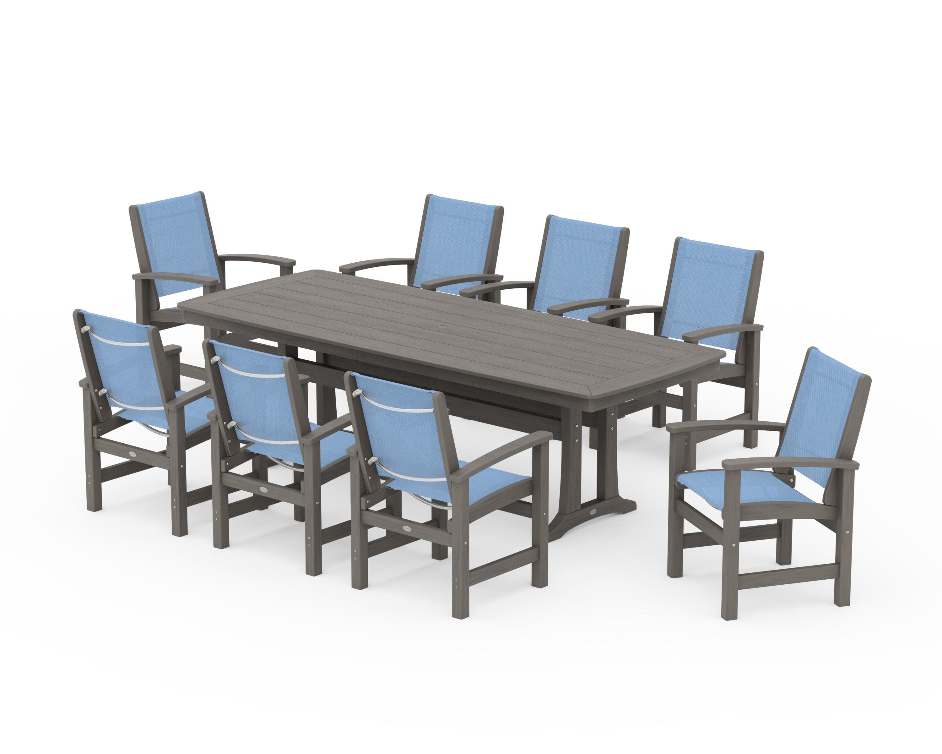 Coastal 9-Piece Dining Set with Trestle Legs in Driftwood / Poolside Sling