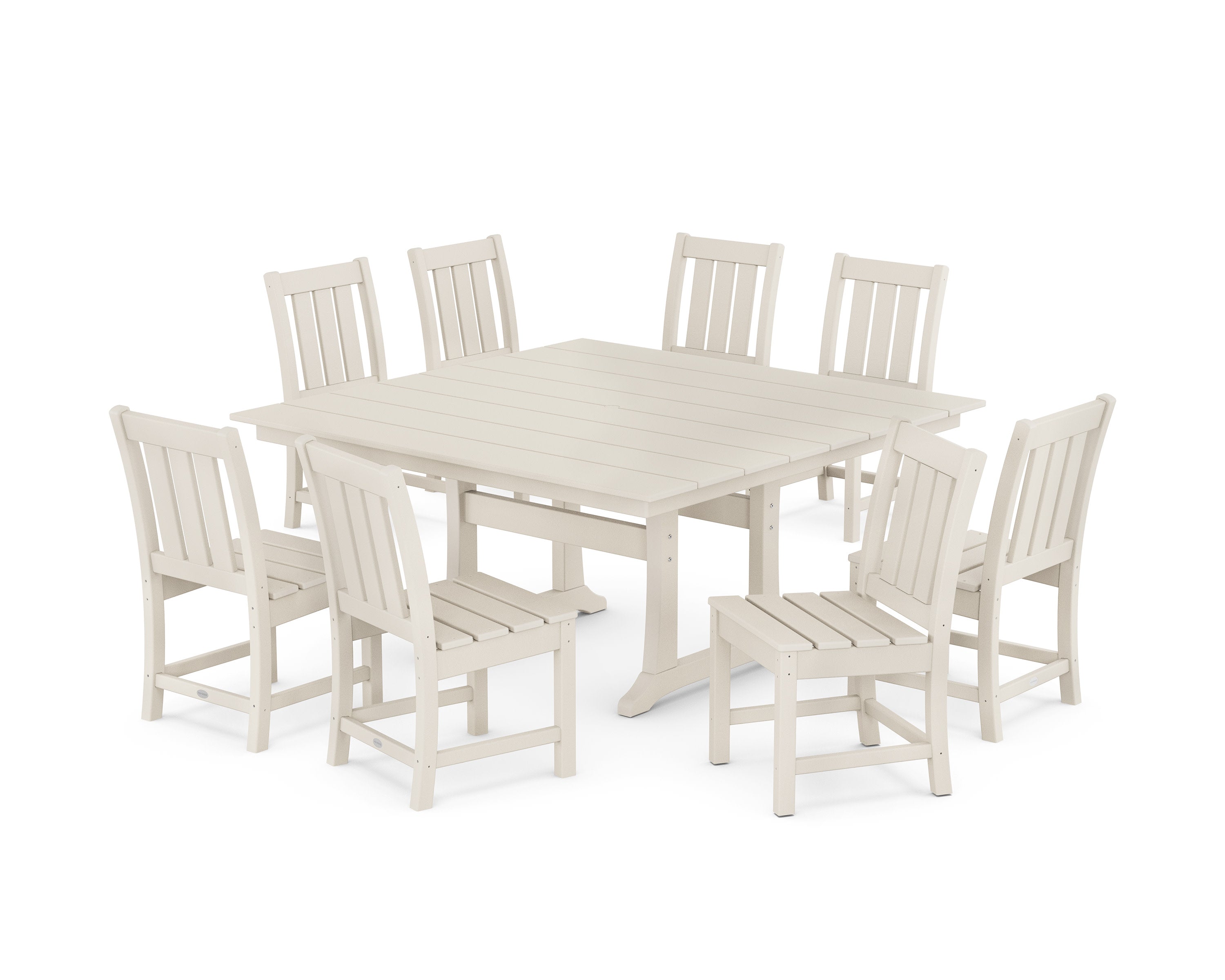 Oxford Side Chair 9-Piece Square Farmhouse Dining Set with Trestle Legs in Sand