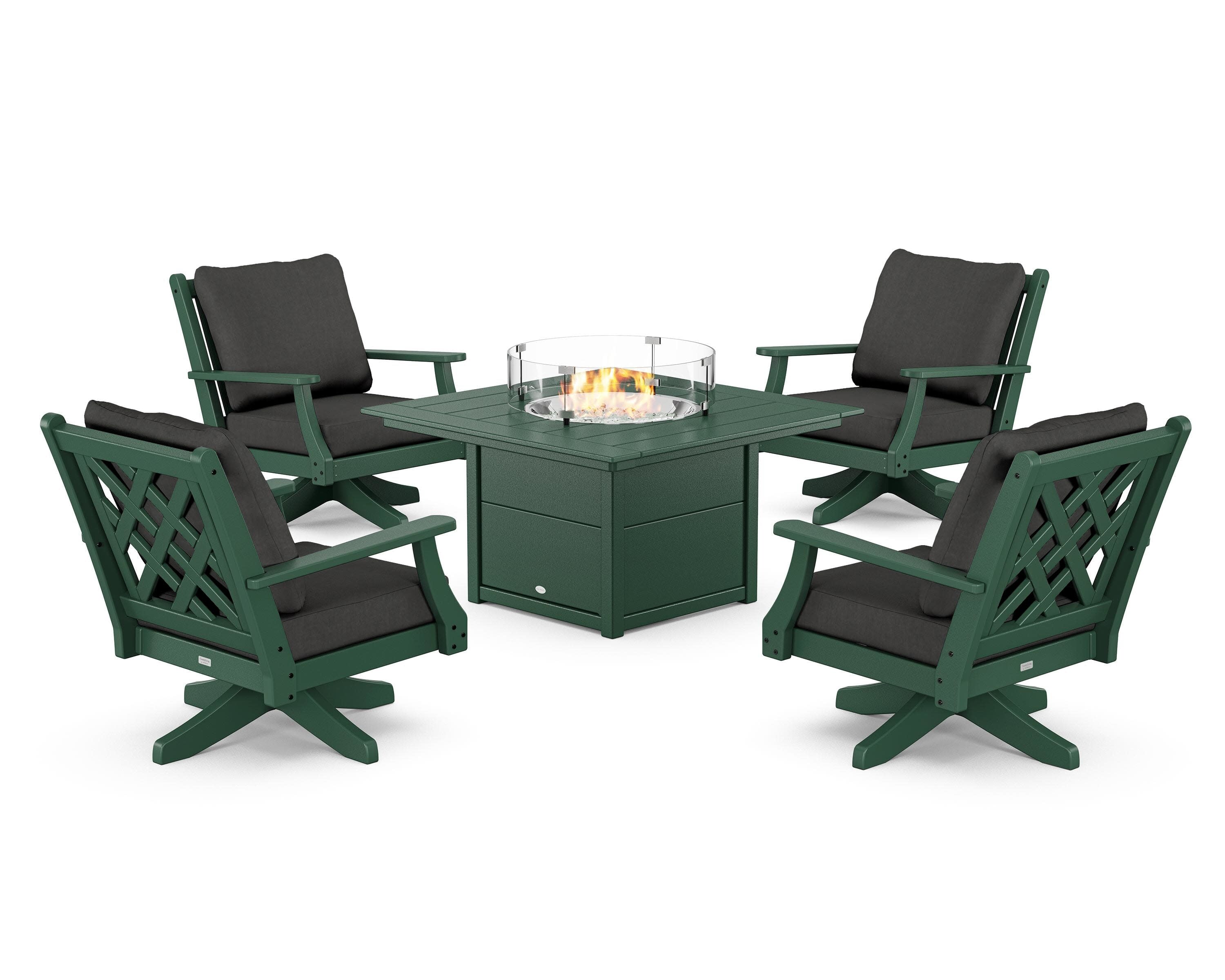 Wovendale 5-Piece Deep Seating Swivel Conversation Set with Fire Pit Table in Green / Spectrum Carbon