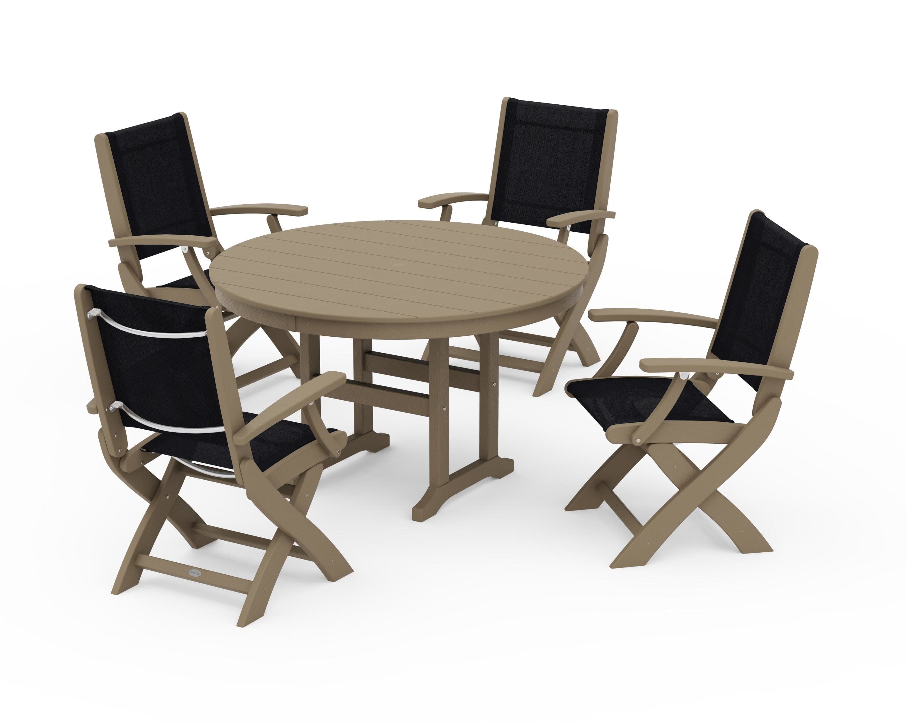 Coastal Folding Chair 5-Piece Round Dining Set in Vintage Sahara / Black Sling