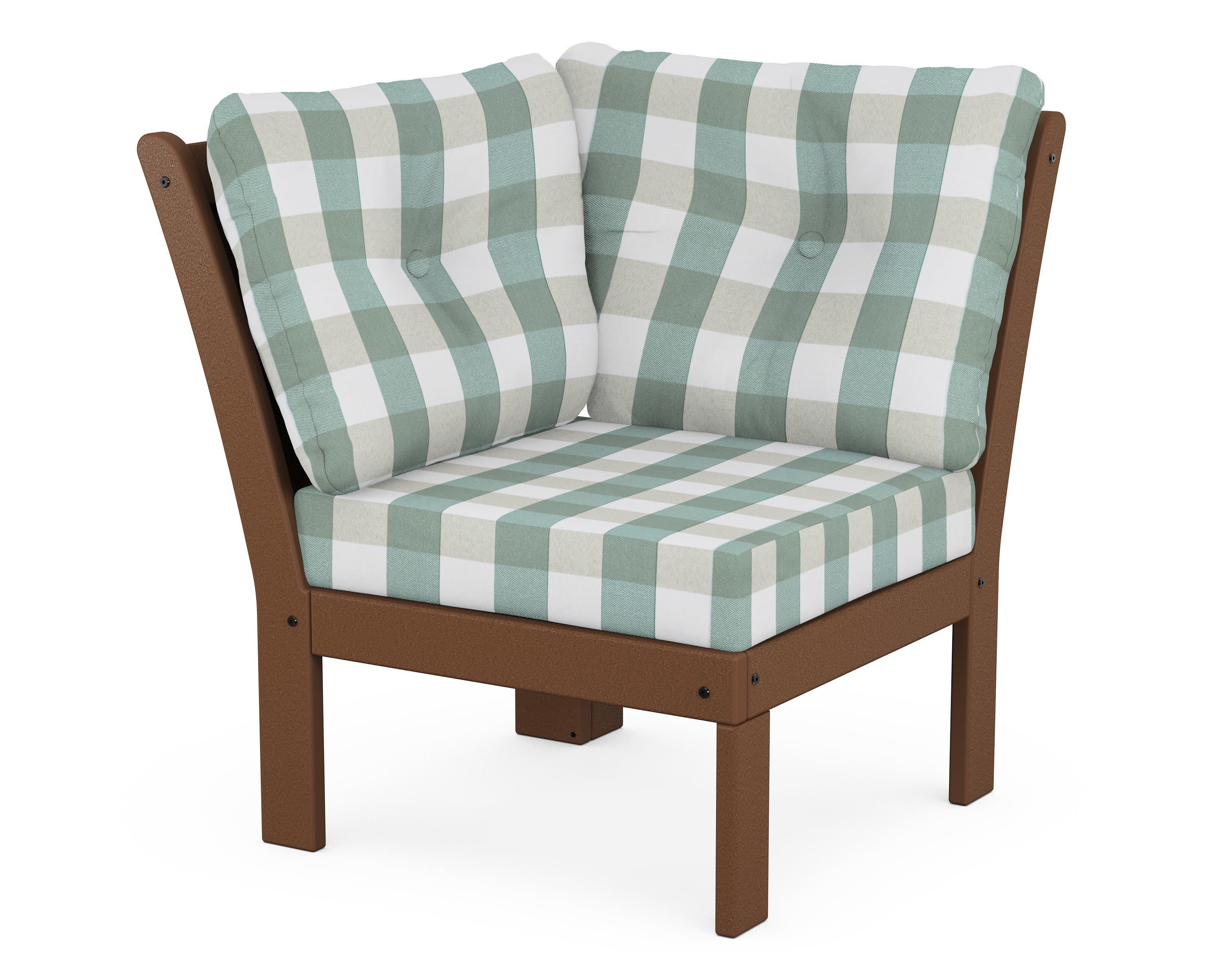 Vineyard Modular Corner Chair in Teak / Buffalo Plaid Glacier Spa
