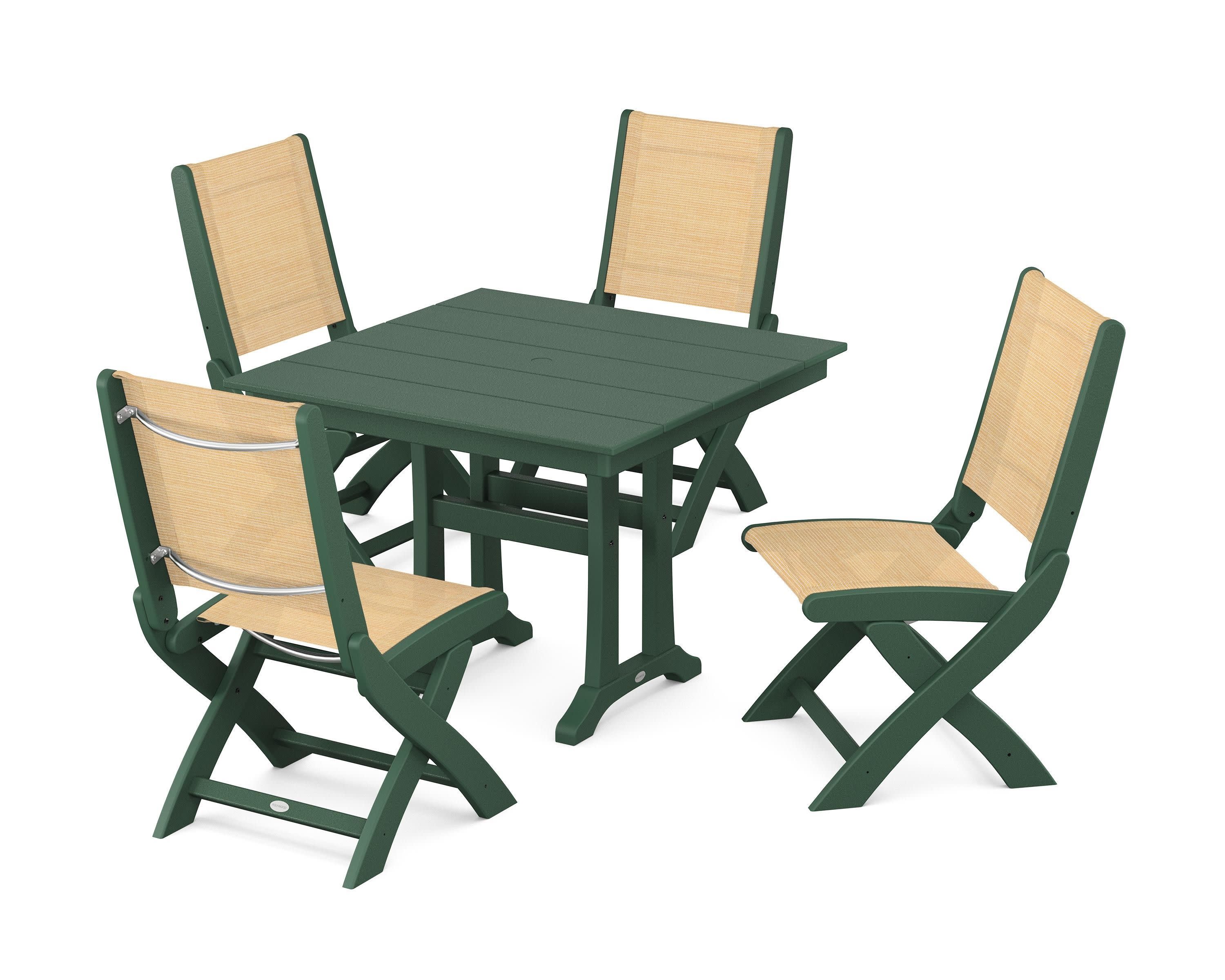Coastal Folding Side Chair 5-Piece Farmhouse Dining Set With Trestle Legs in Green / Dupioni Apricot Sling