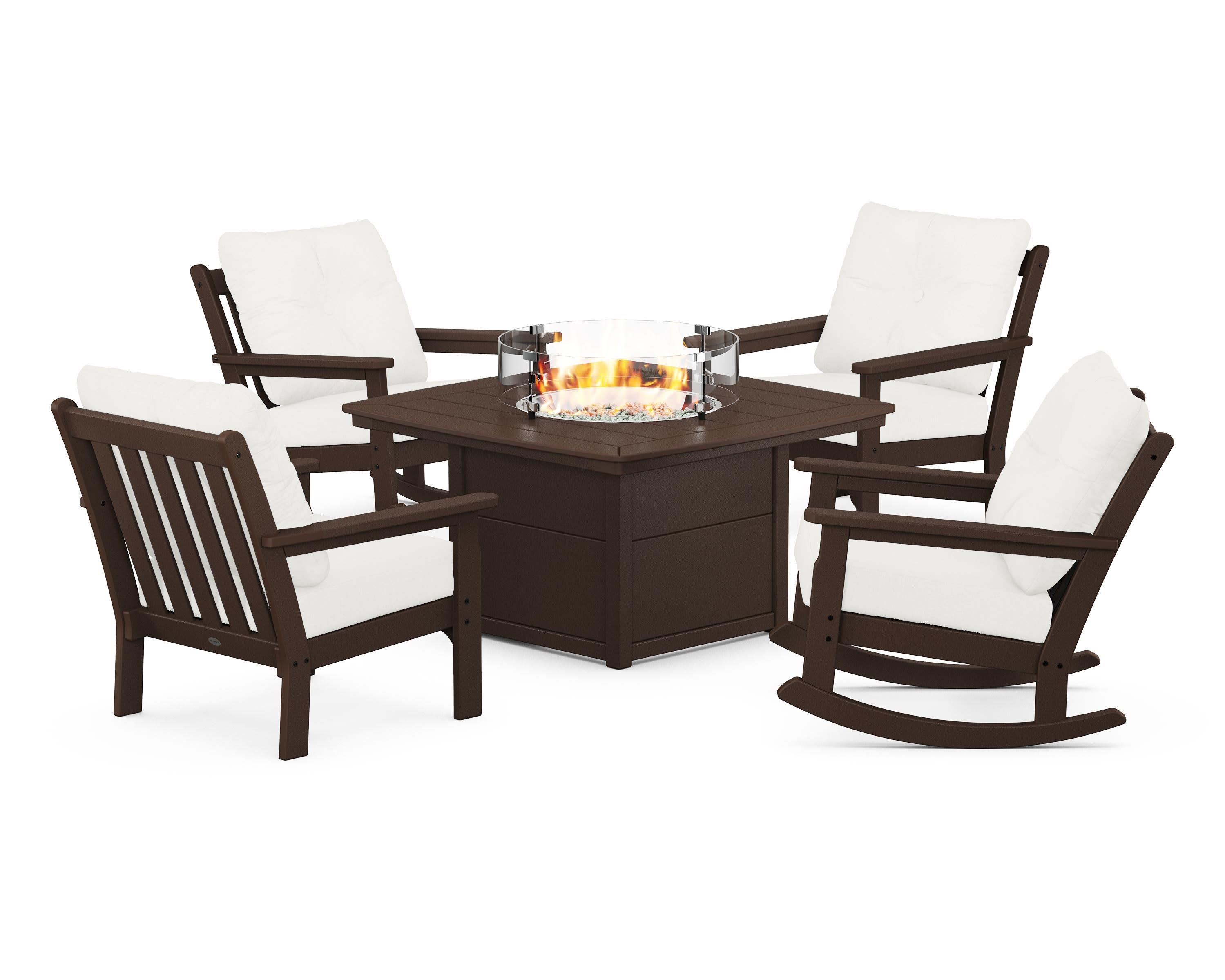 Vineyard 5-Piece Deep Seating Rocking Chair Conversation Set with Fire Pit Table in Mahogany / Natural Linen