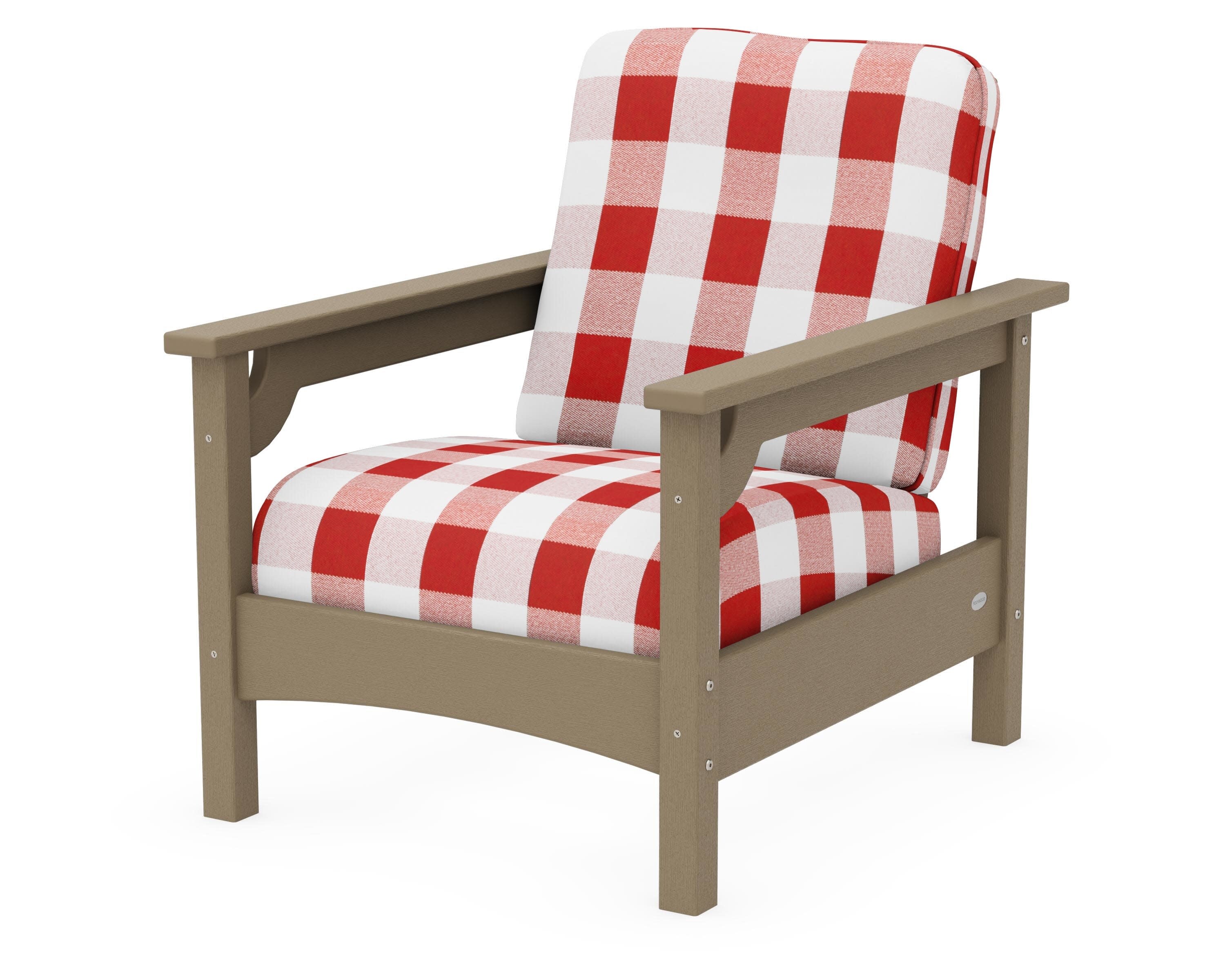 Club Chair in Vintage Sahara / Buffalo Plaid Crimson