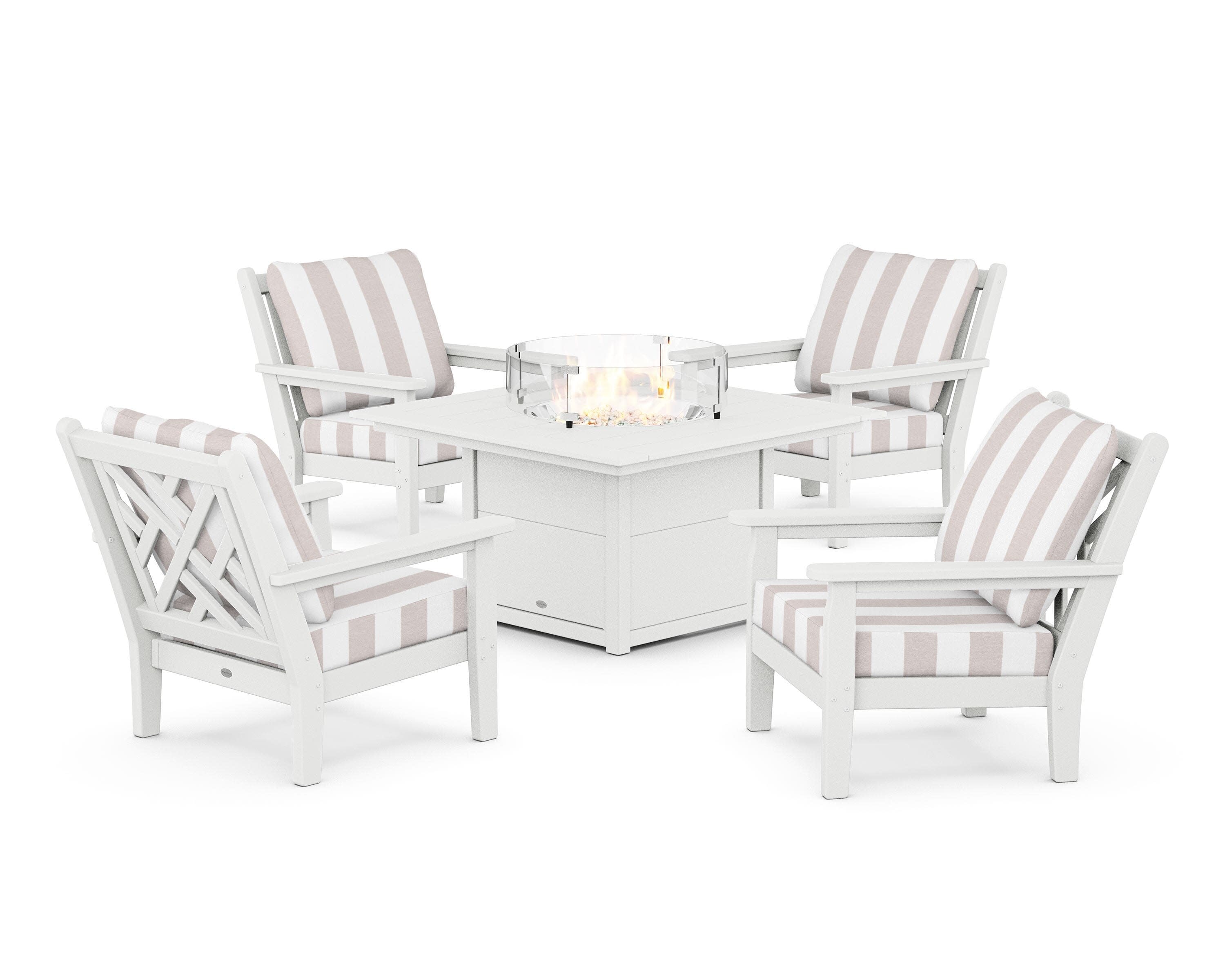 Chippendale 5-Piece Deep Seating Set with Fire Pit Table in White / Cabana Stripe Dune Burlap
