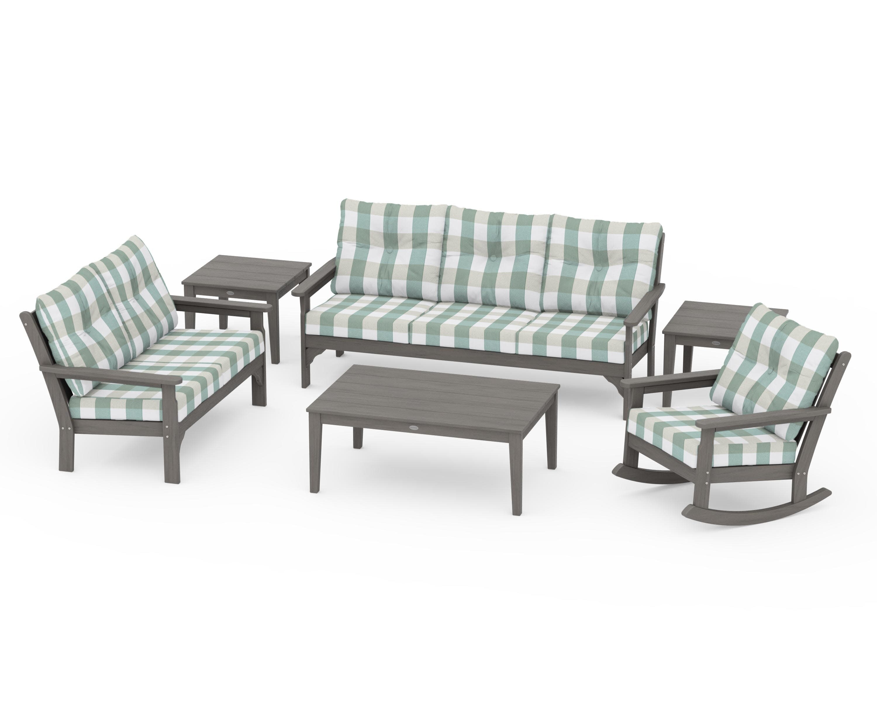 Vineyard 6-Piece Deep Seating Set in Driftwood / Buffalo Plaid Glacier Spa