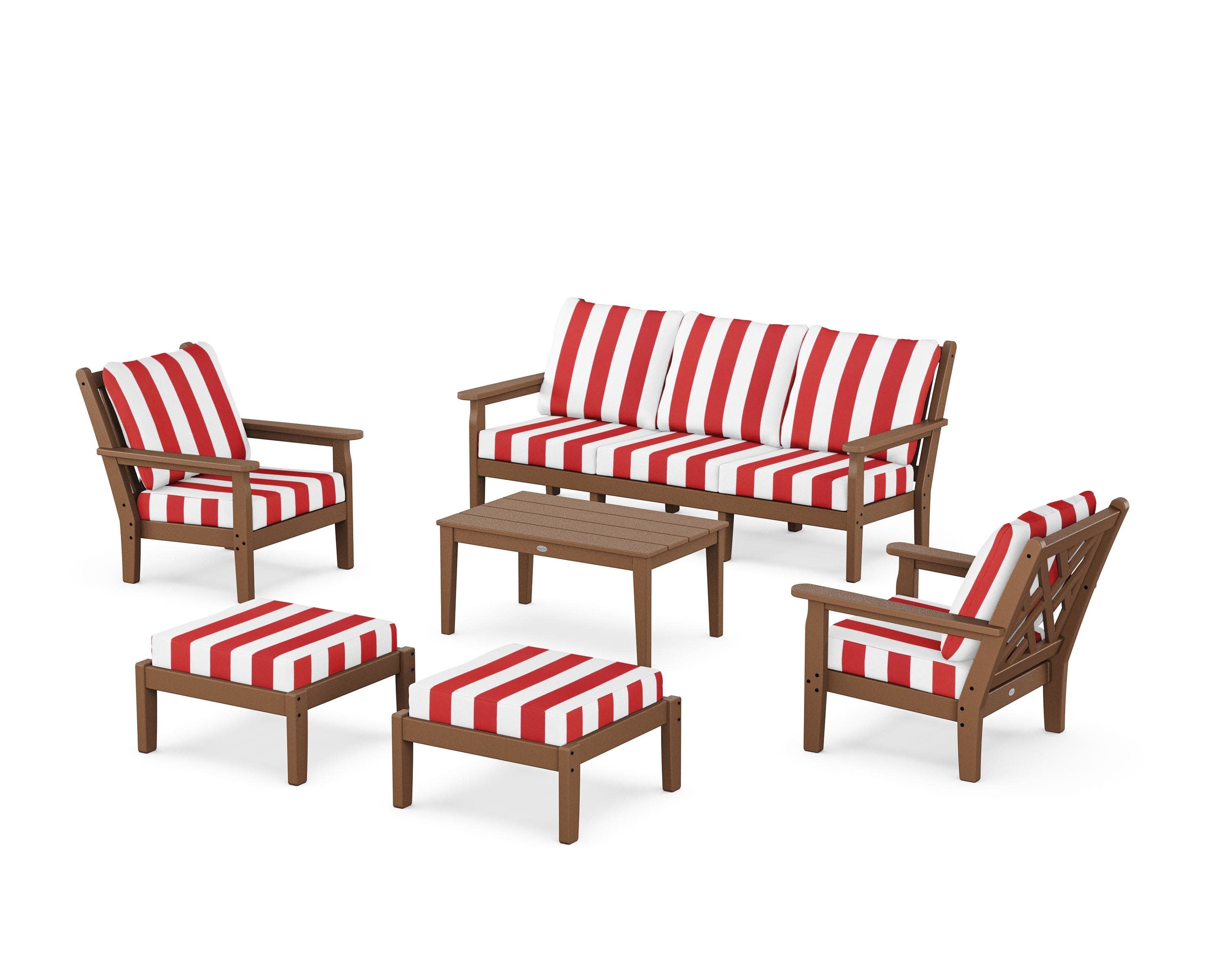 Chippendale 6-Piece Lounge Sofa Set in Teak / Cabana Stripe Crimson