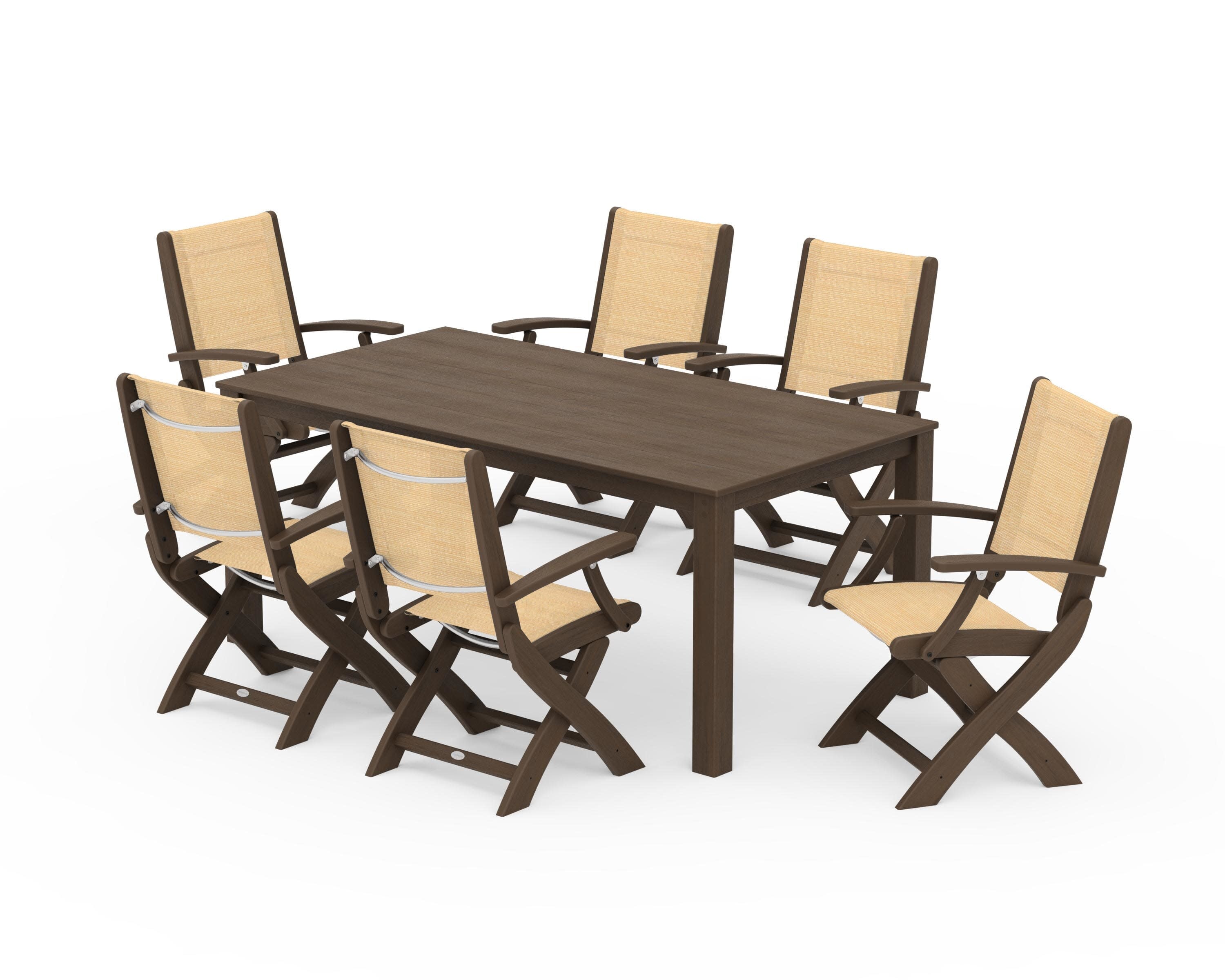 Coastal Folding Chair 7-Piece Parsons Dining Set in Kona / Dupioni Apricot Sling