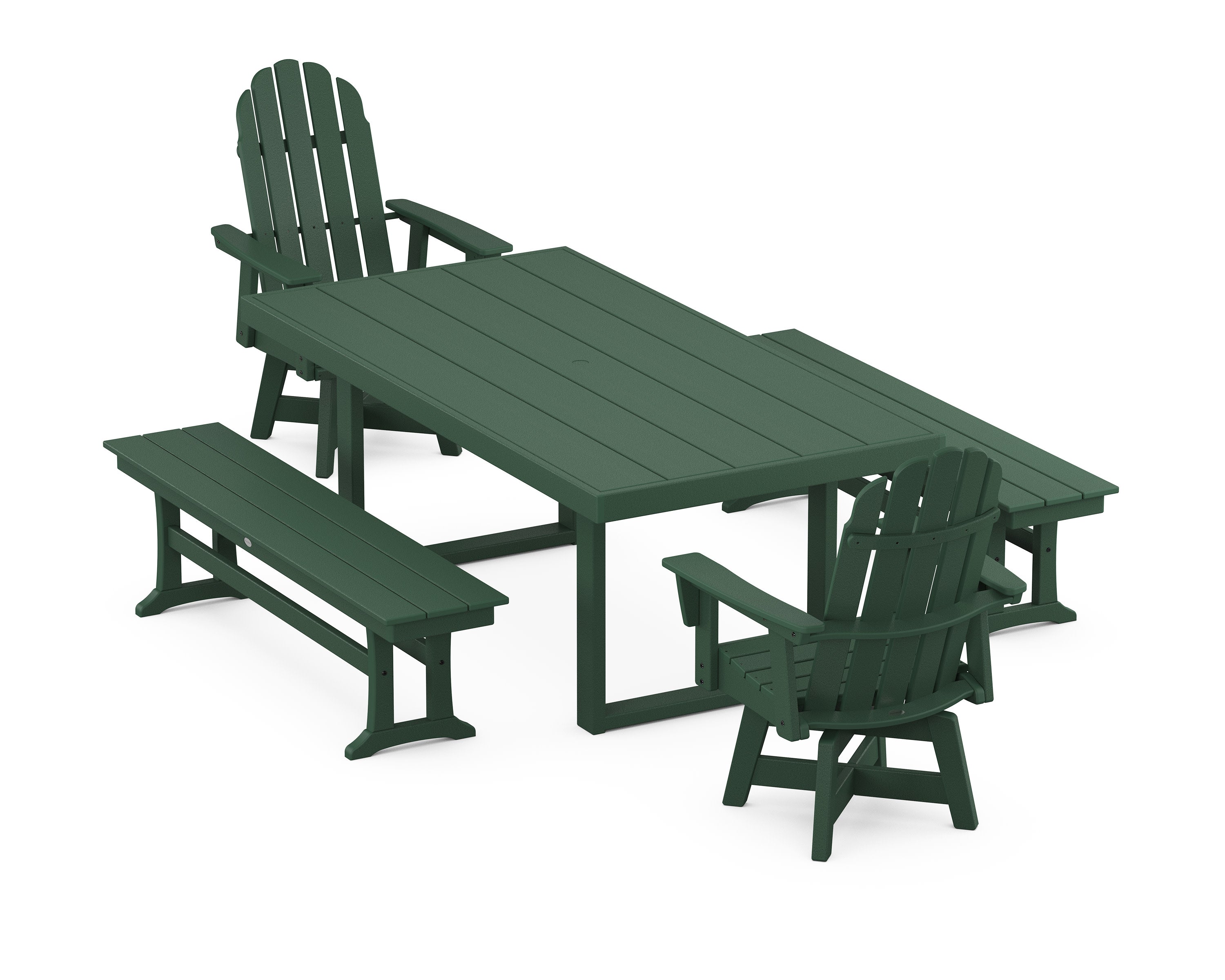 Vineyard Curveback Adirondack Swivel Chair 5-Piece Dining Set with Benches in Green
