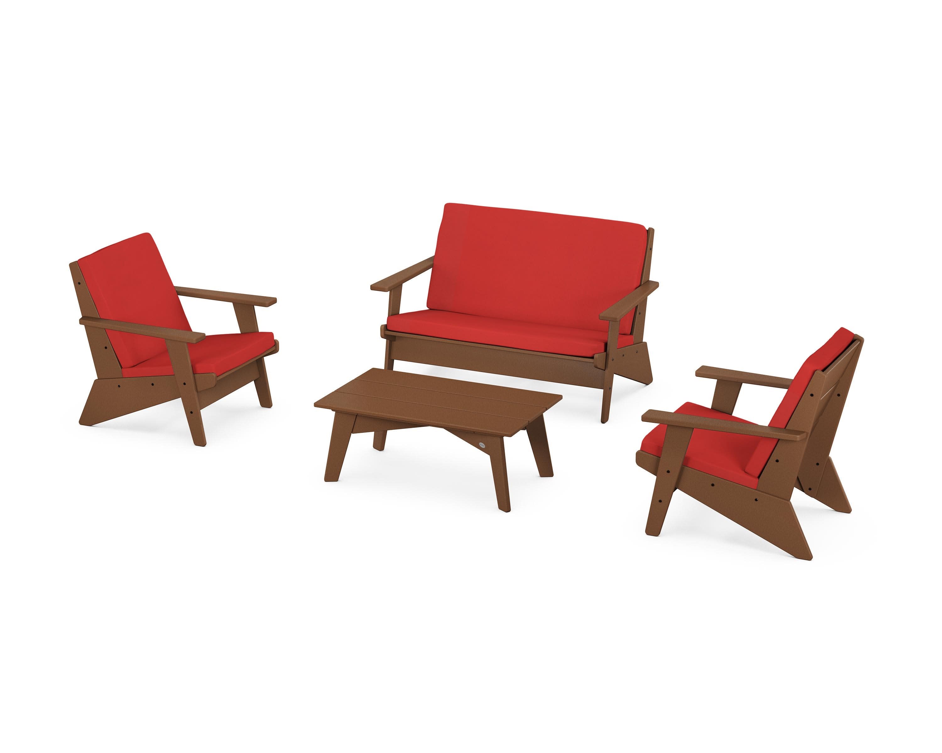 Riviera Modern Lounge 4-Piece Set in Teak / Crimson Linen