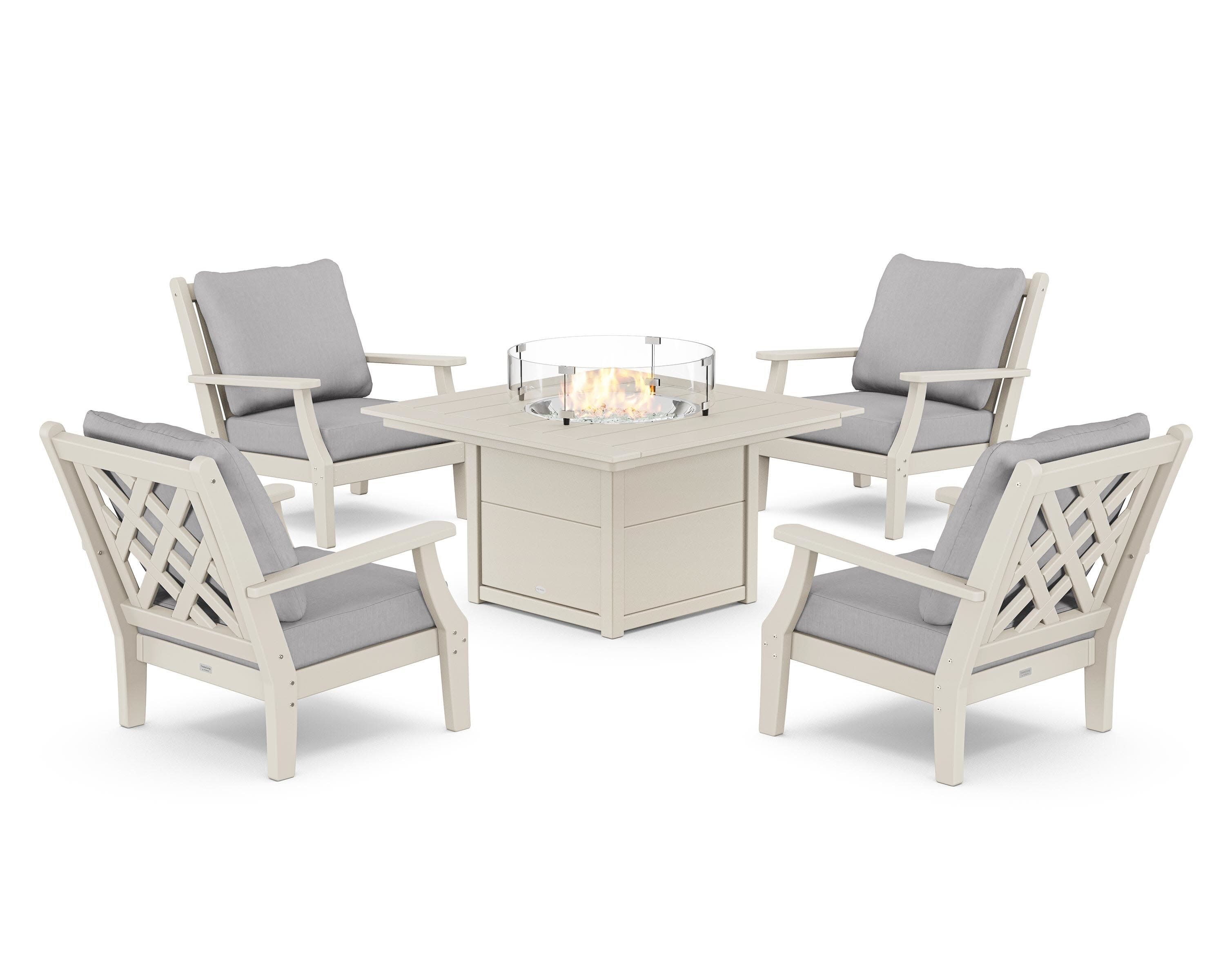 Wovendale 5-Piece Deep Seating Set with Fire Pit Table in Sand / Granite