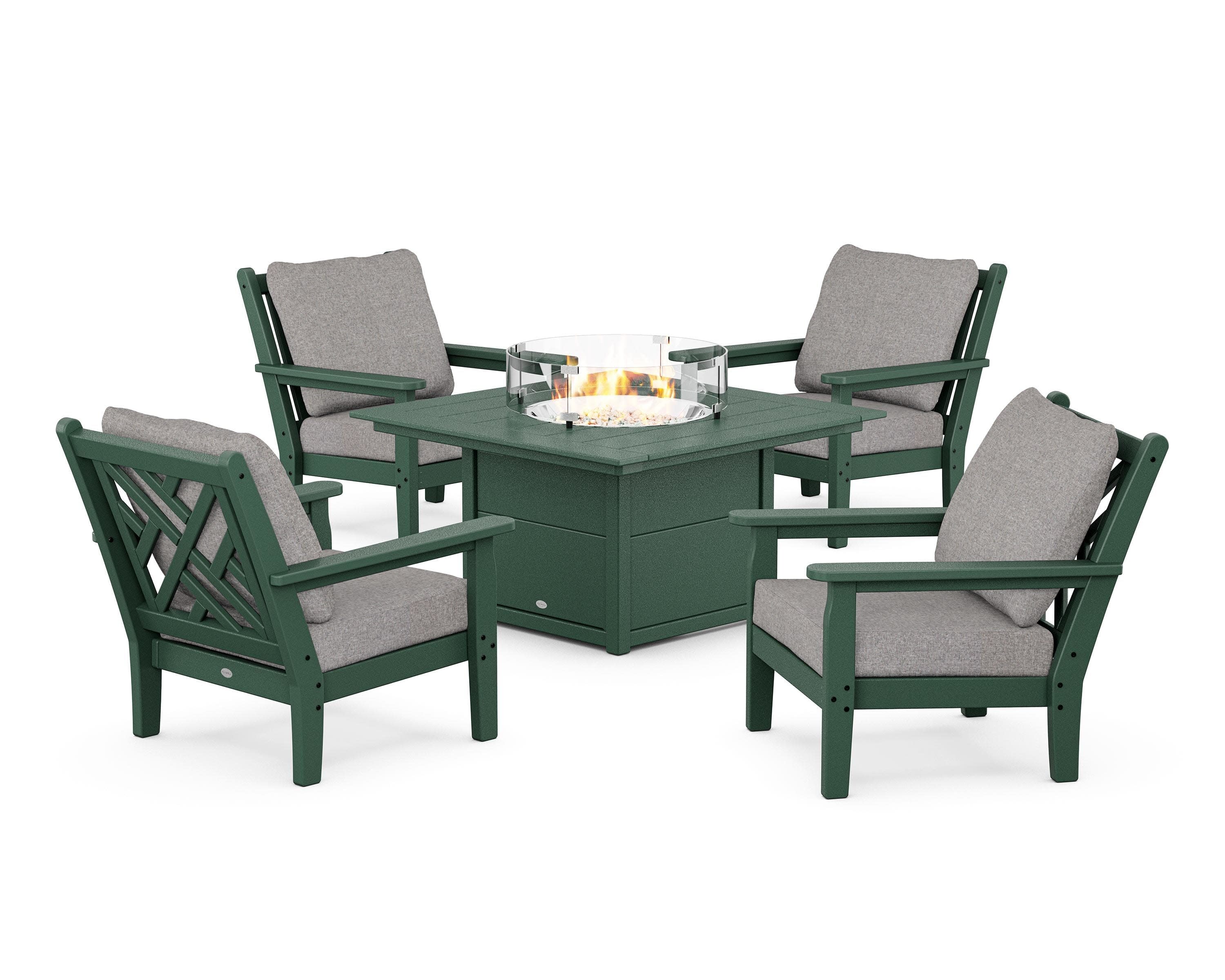 Chippendale 5-Piece Deep Seating Set with Fire Pit Table in Green / Grey Mist