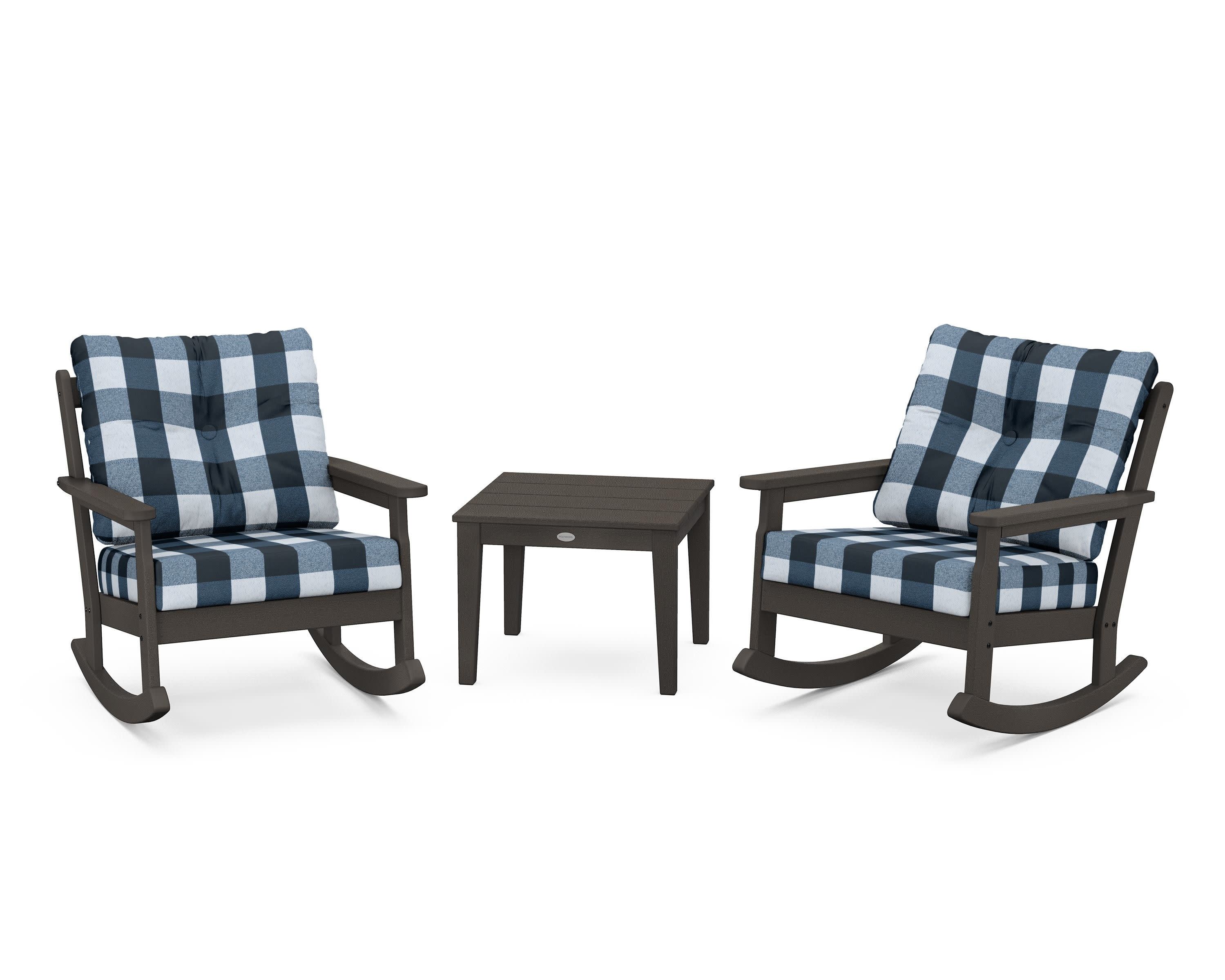 Vineyard 3-Piece Deep Seating Rocker Set in Vintage Coffee / Buffalo Plaid Marine Indigo
