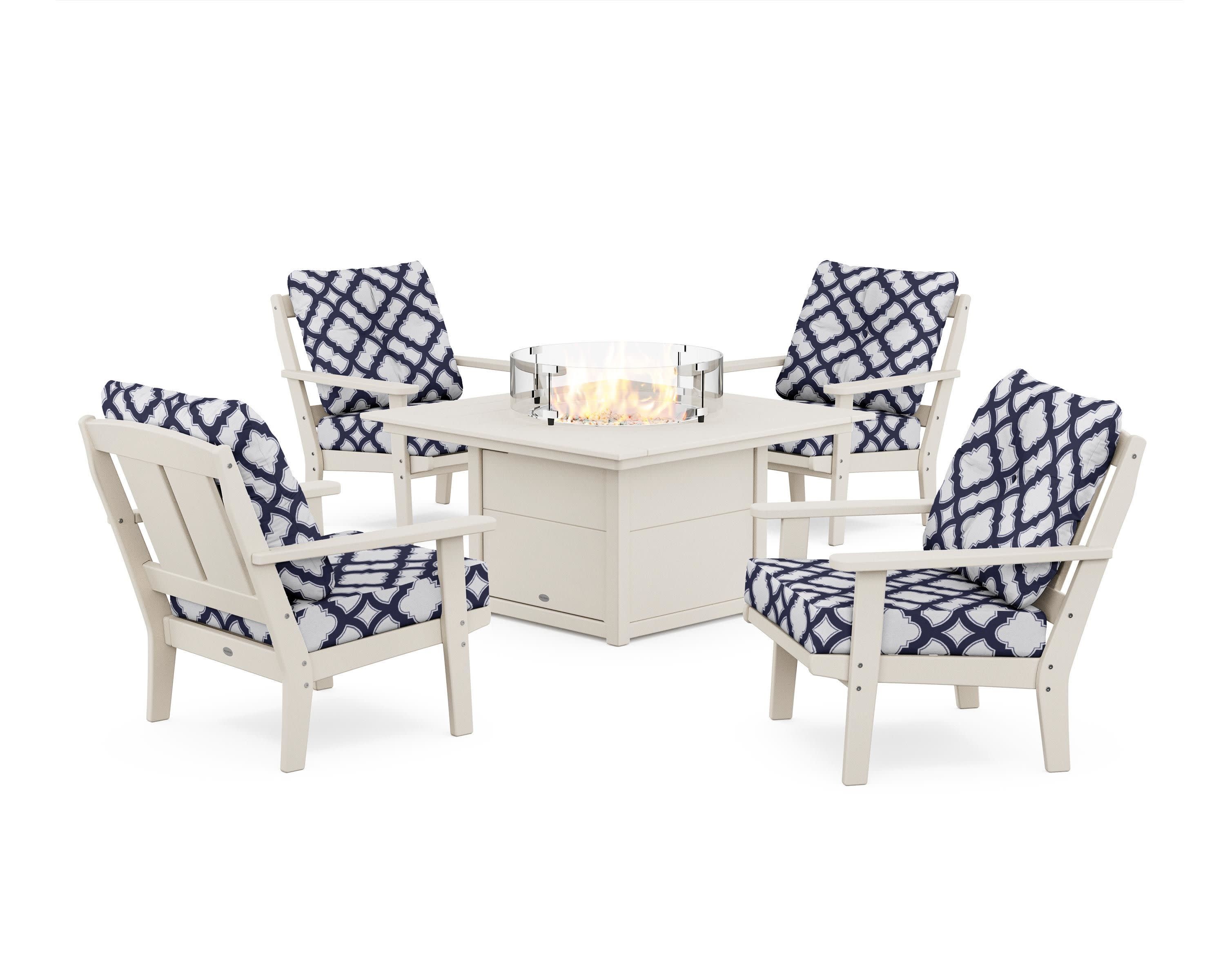 Mission 5-Piece Deep Seating Set with Fire Pit Table in Sand / Trellis Navy