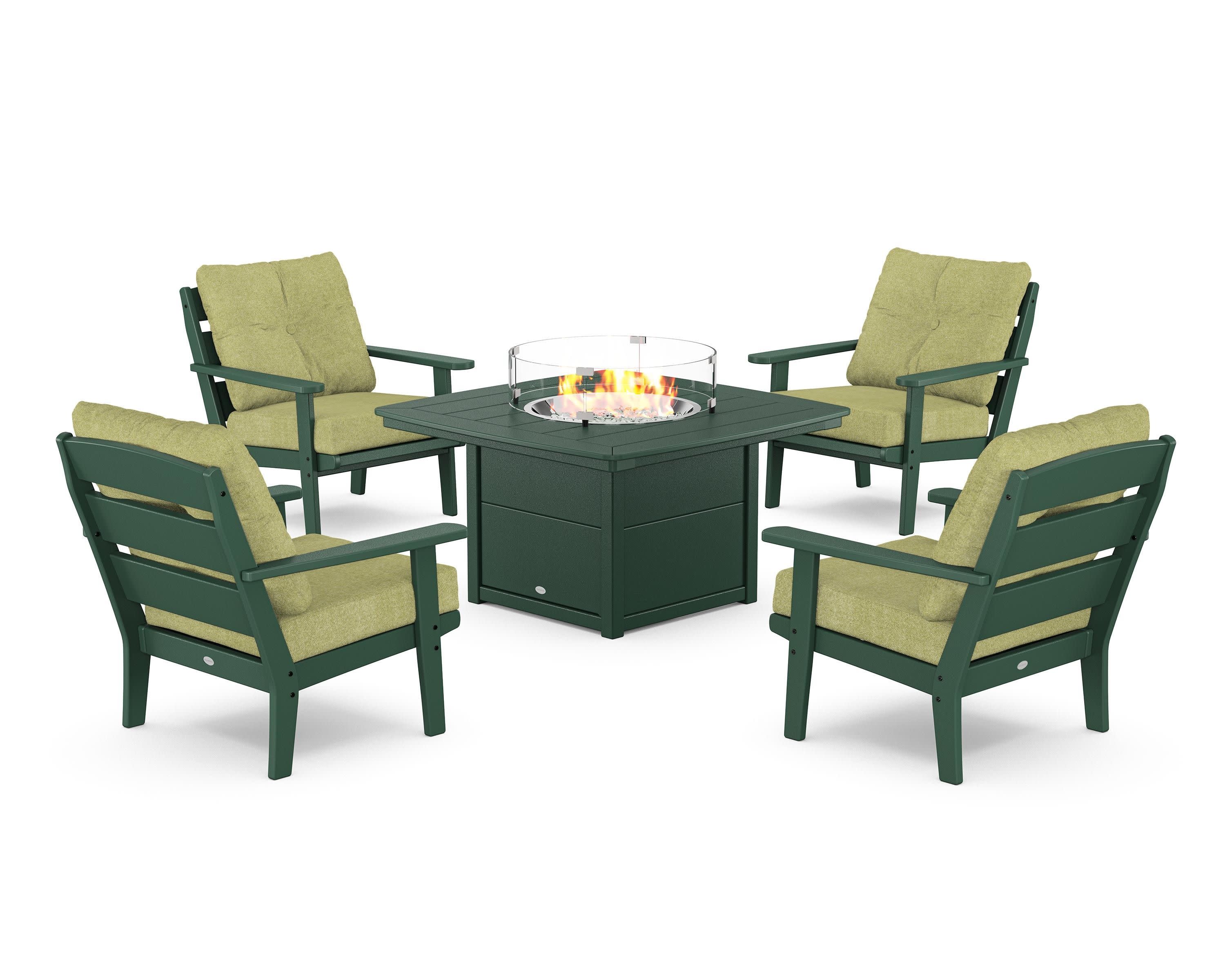 Lakeside 5-Piece Deep Seating Set with Nautical Fire Pit Table in Green / Chartreuse Boucle