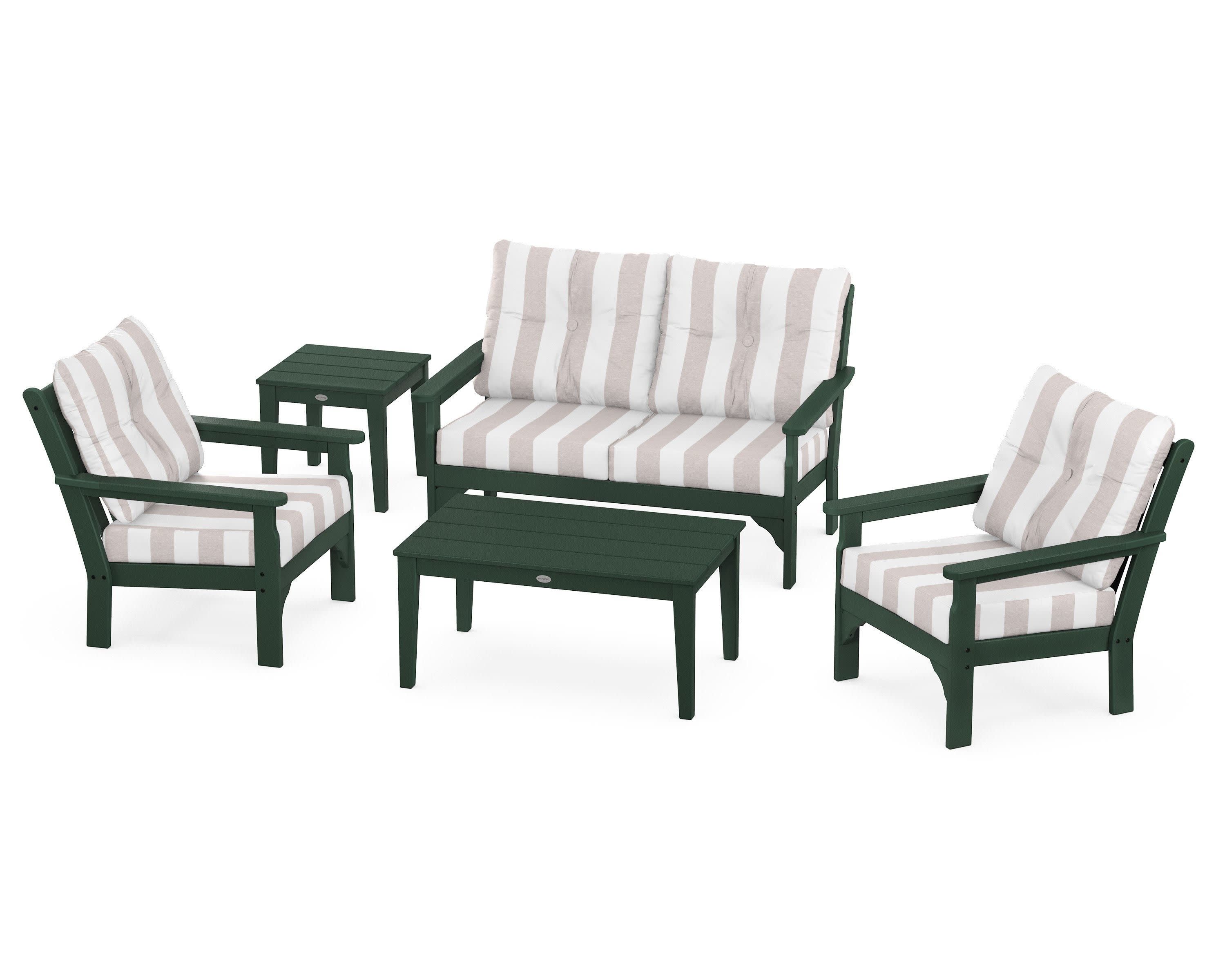 Vineyard 5-Piece Deep Seating Set in Green / Cabana Stripe Dune Burlap
