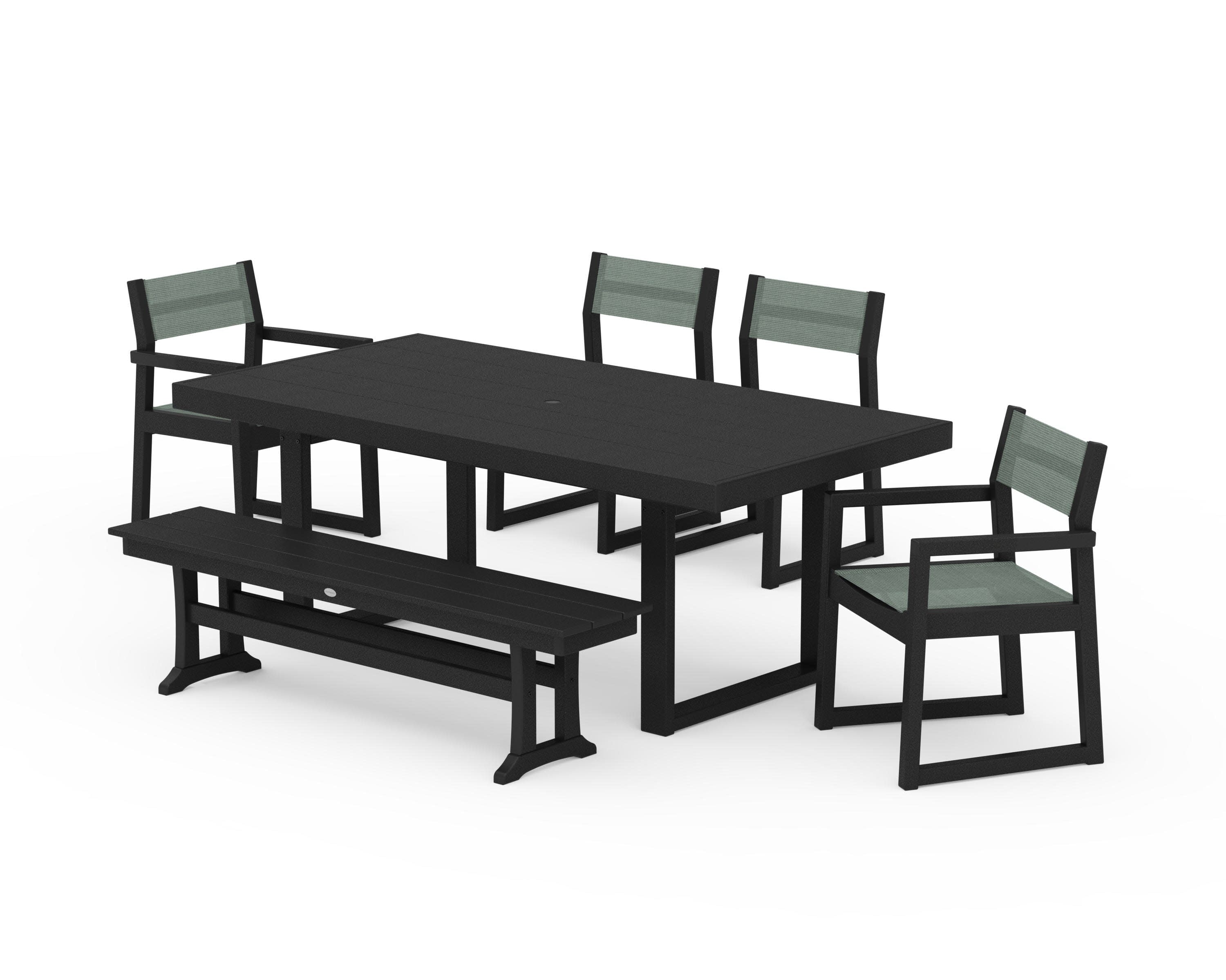 EDGE Sling 6-Piece Dining Set with Bench in Black / Dupioni Sea Mist Sling