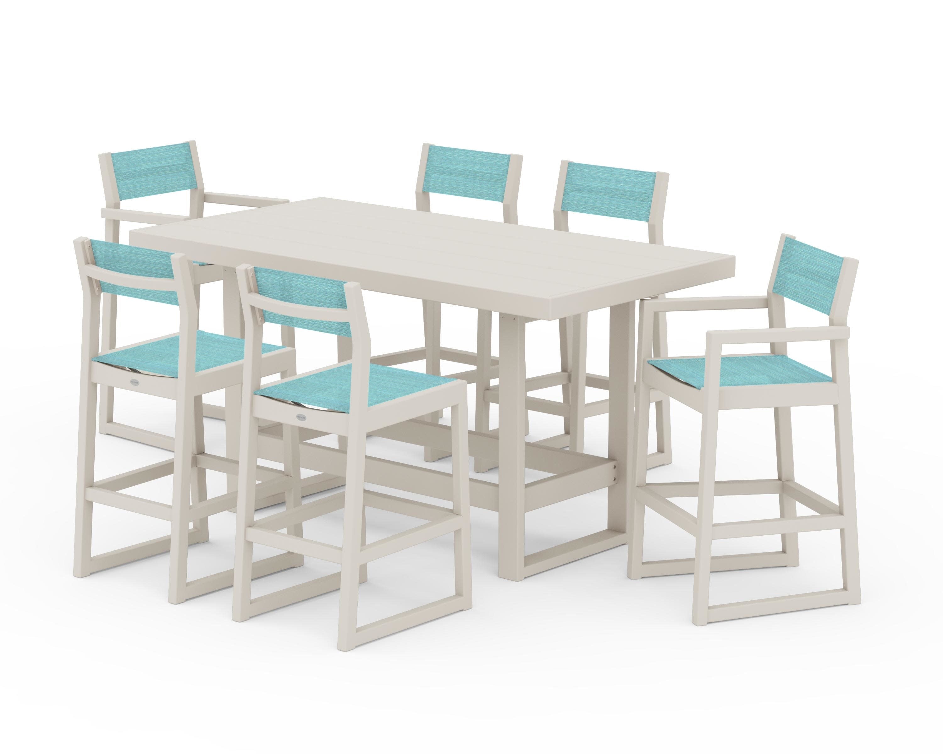 EDGE Sling 7-Piece Bar Table Set in Sand / Dupioni Aquamarine Sling