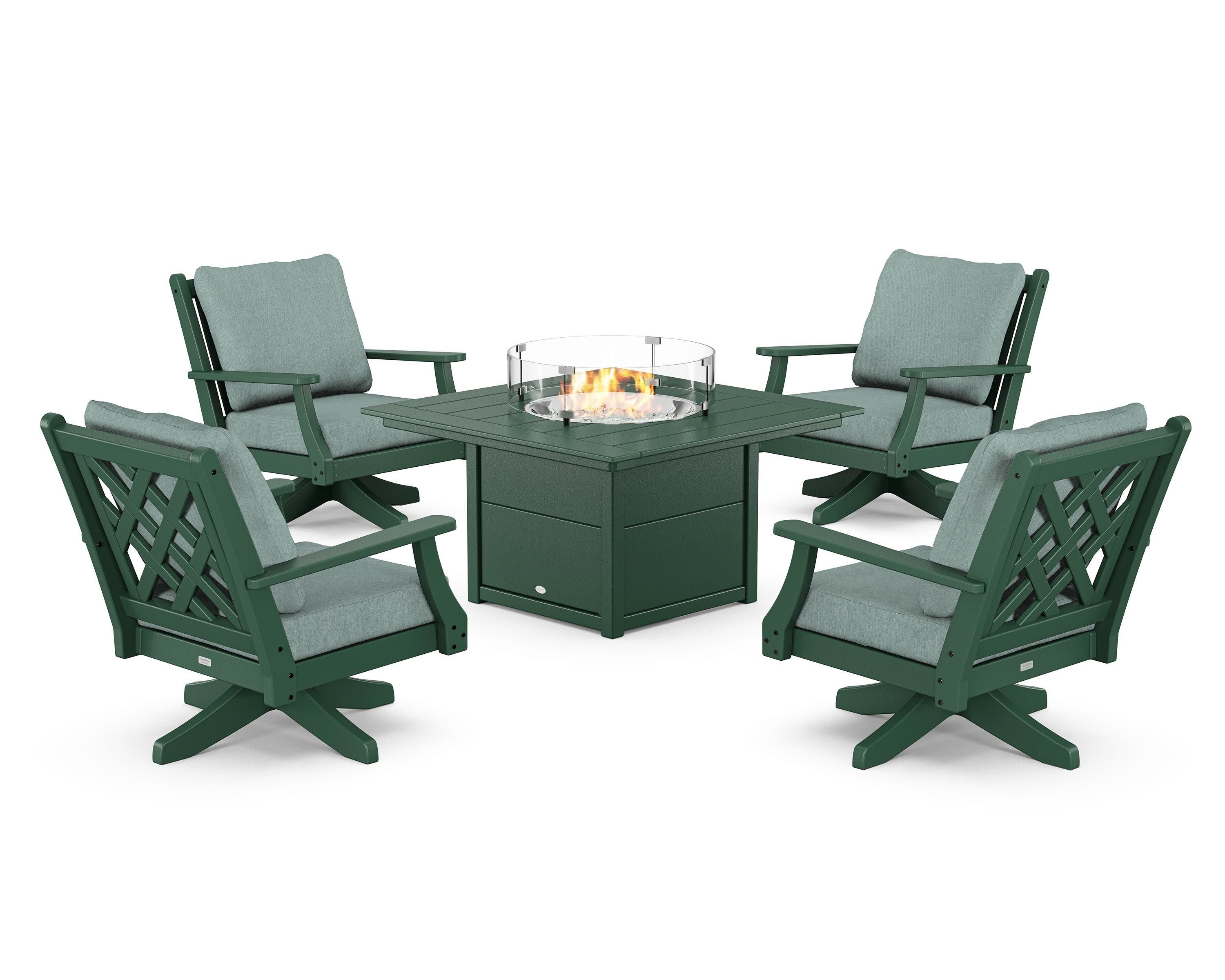 Wovendale 5-Piece Deep Seating Swivel Conversation Set with Fire Pit Table in Green / Glacier Spa