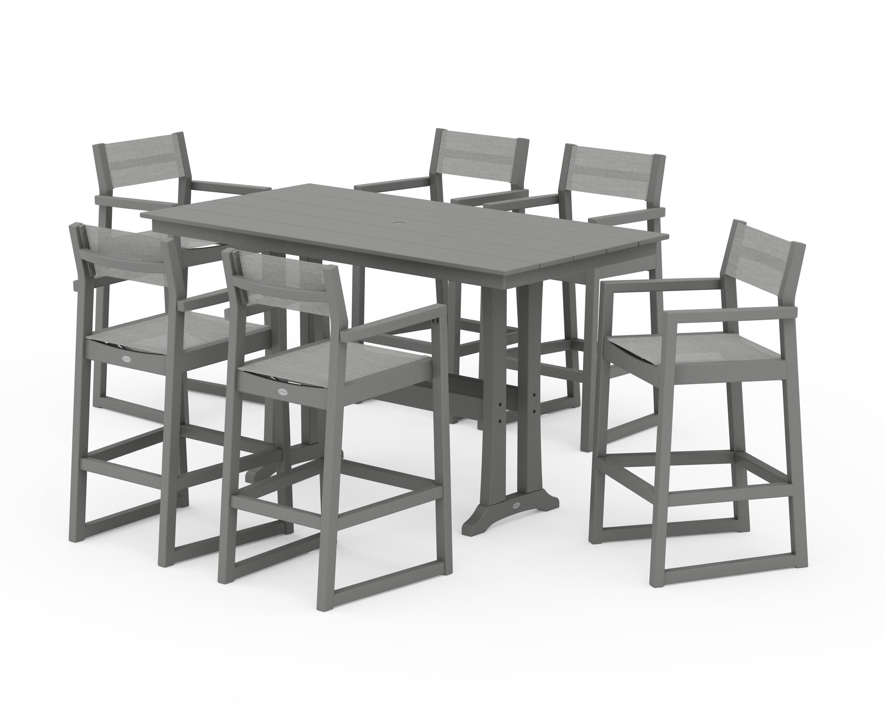 EDGE Sling Arm Chair 7-Piece Farmhouse Bar Set with Trestle Legs in Slate Grey / Metallic Sling