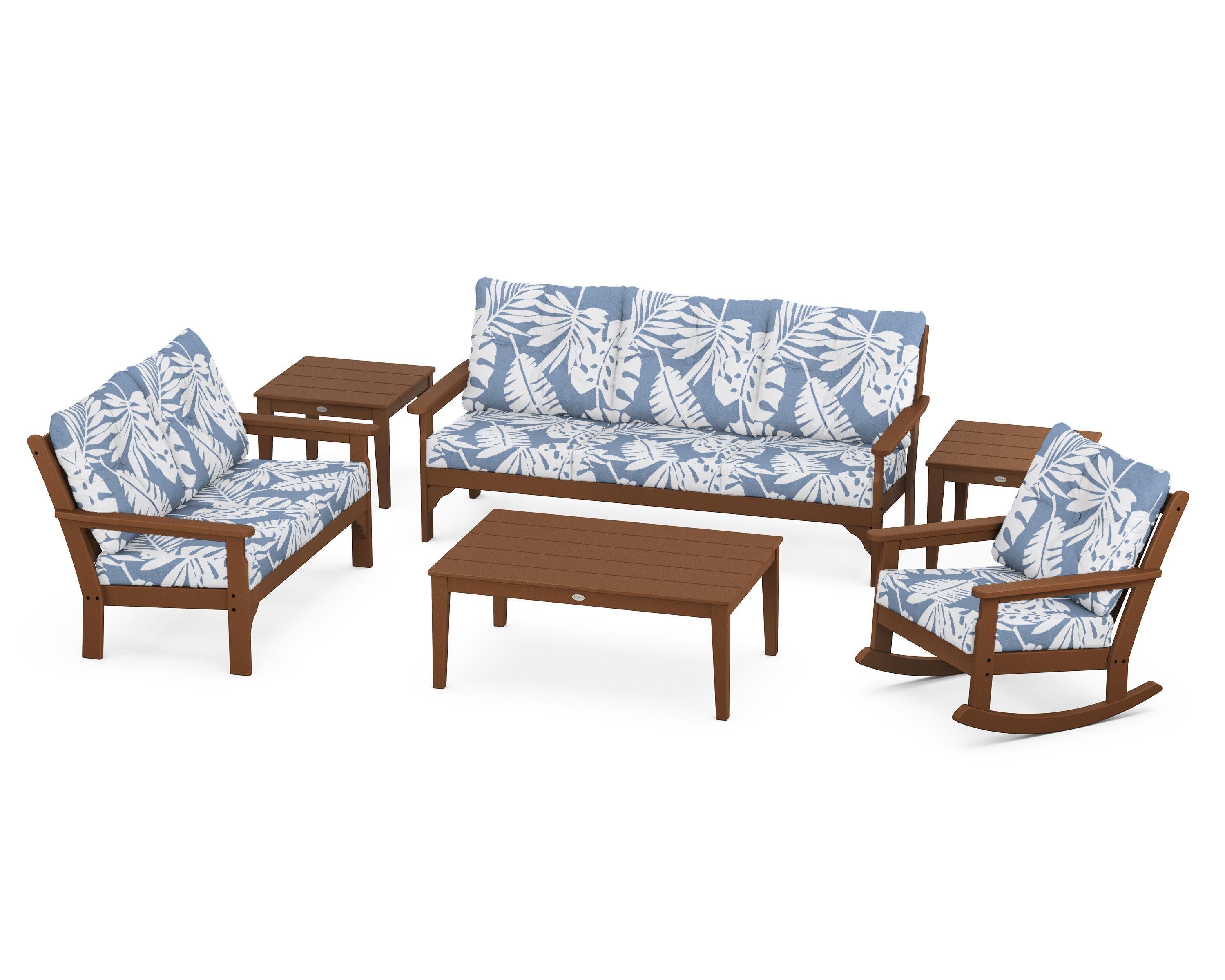 Vineyard 6-Piece Deep Seating Set in Teak / Leaf Sky Blue