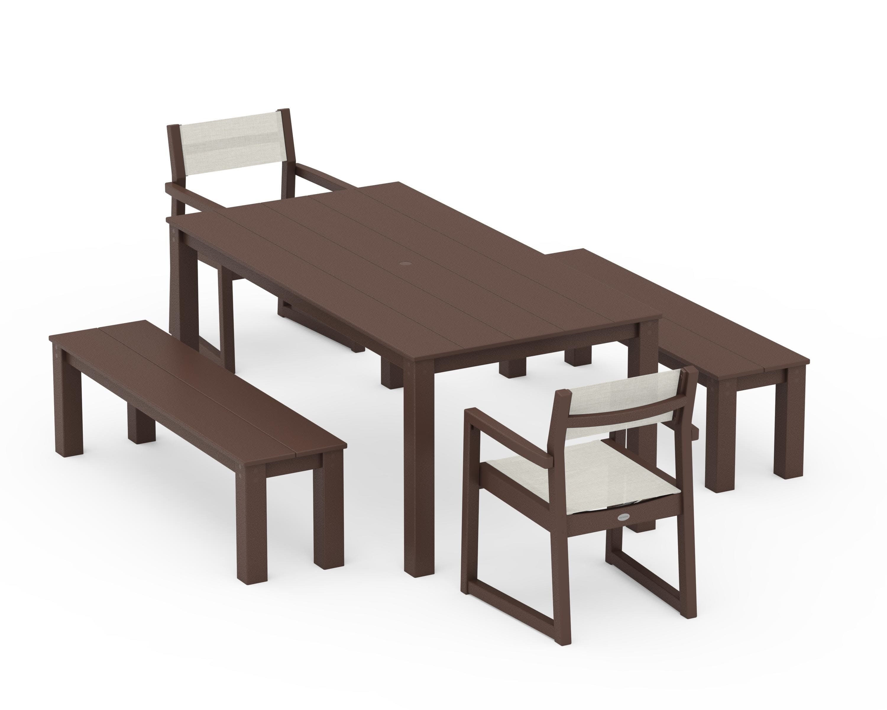 EDGE Sling Arm Chair 5-Piece Parsons Dining Set with Benches in Mahogany / Parchment Sling