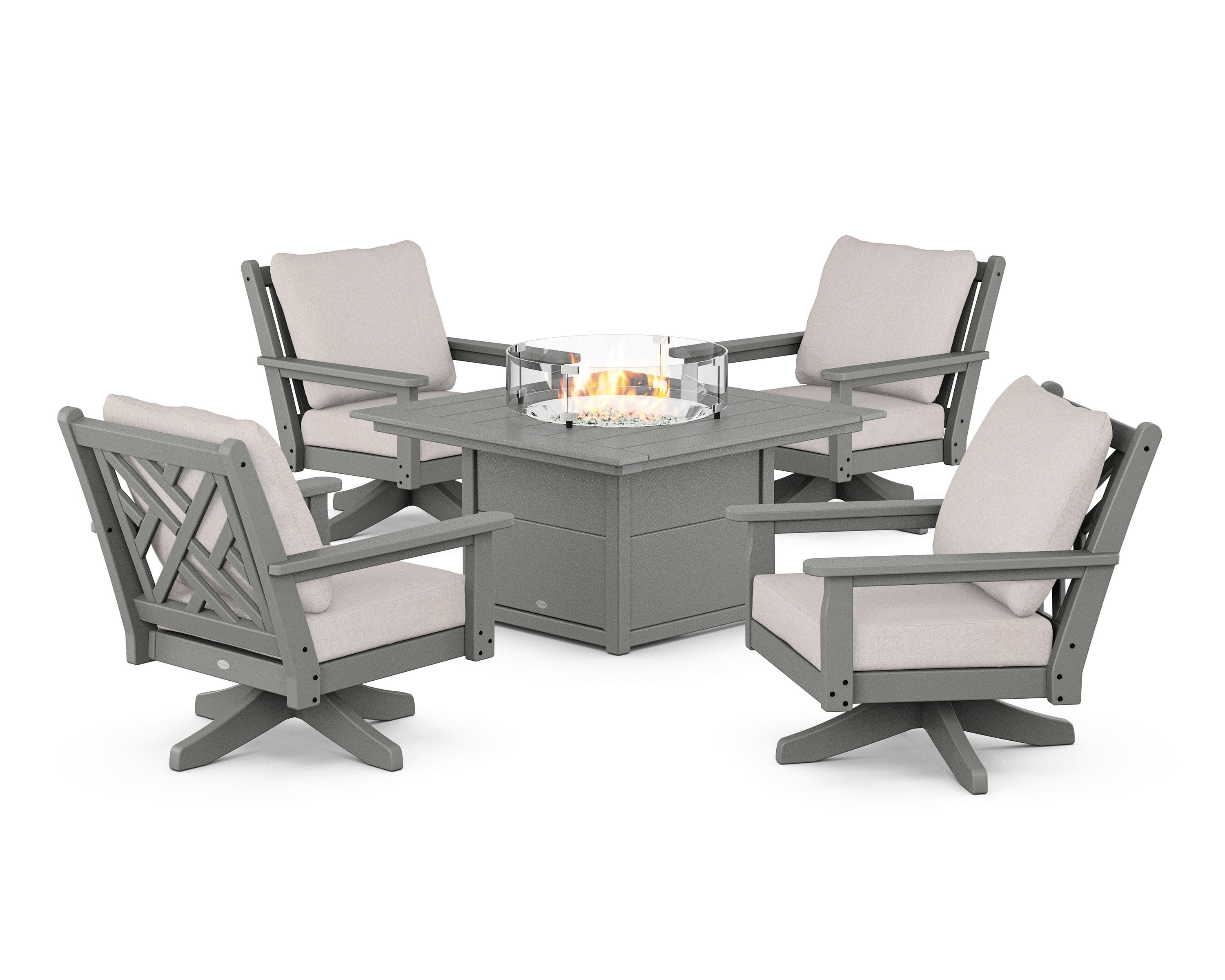 Chippendale 5-Piece Deep Seating Swivel Conversation Set with Fire Pit Table in Slate Grey / Dune Burlap