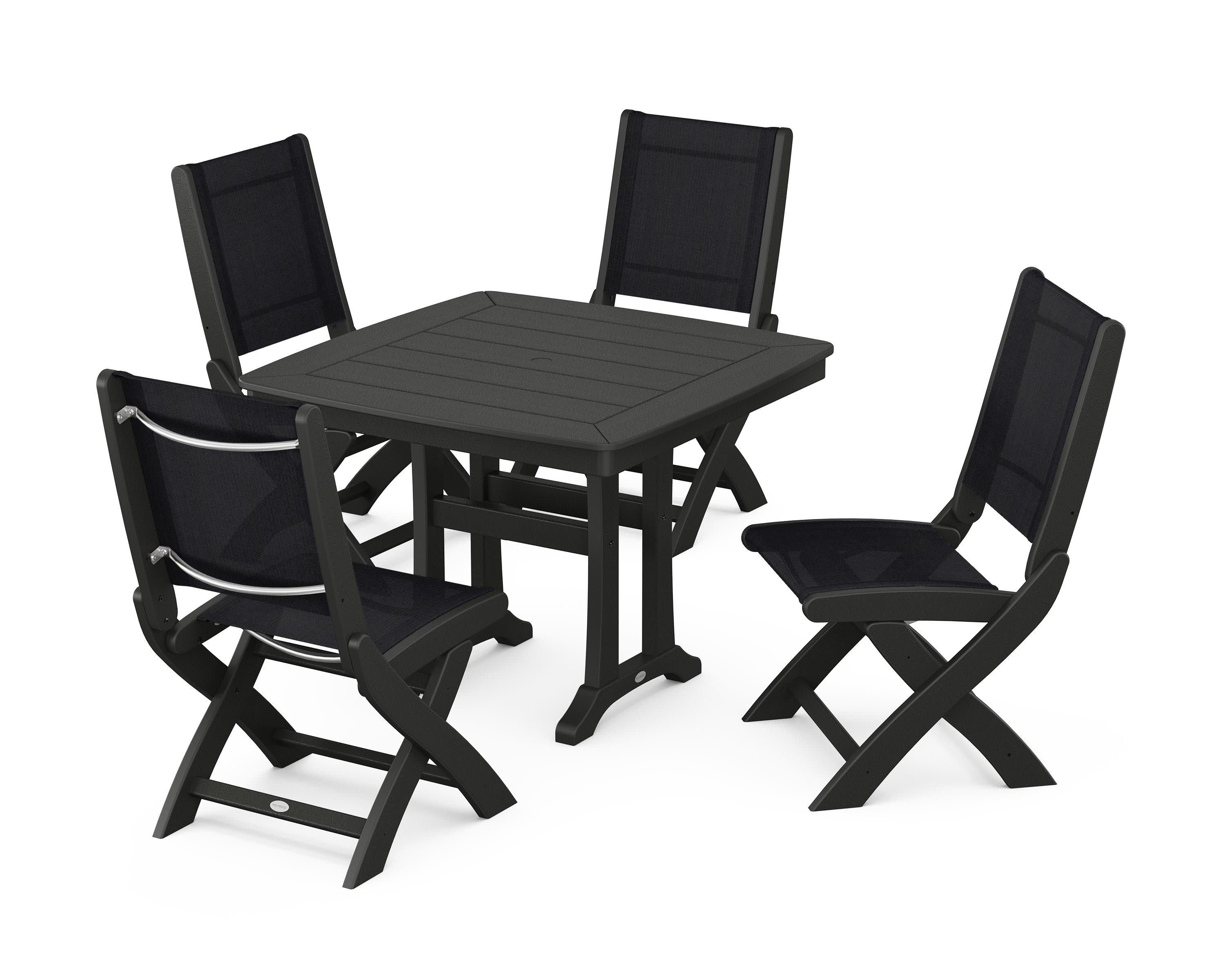 Coastal Folding Side Chair 5-Piece Dining Set with Trestle Legs in Black / Black Sling