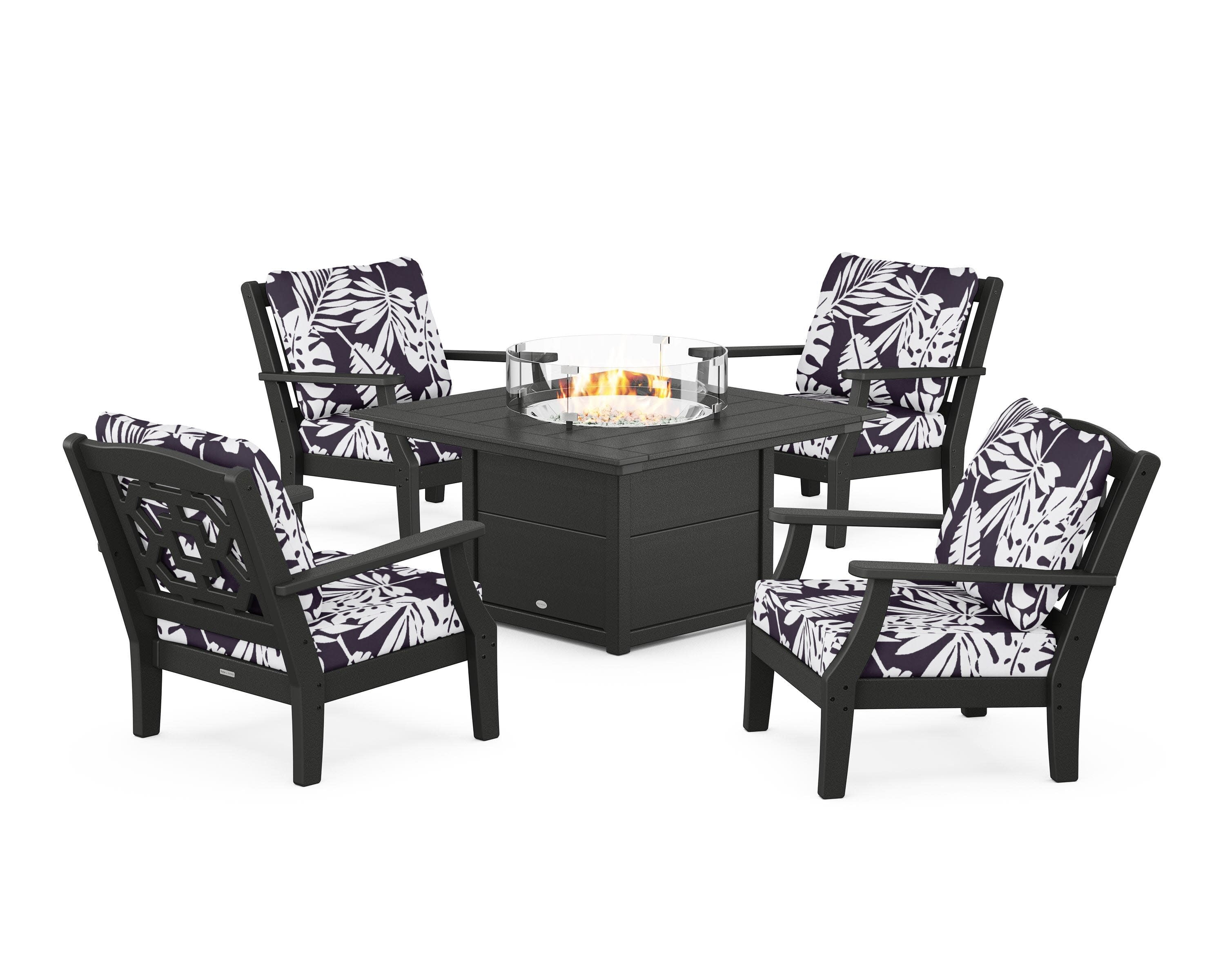 Chinoiserie 5-Piece Deep Seating Set with Fire Pit Table in Black / Leaf Navy