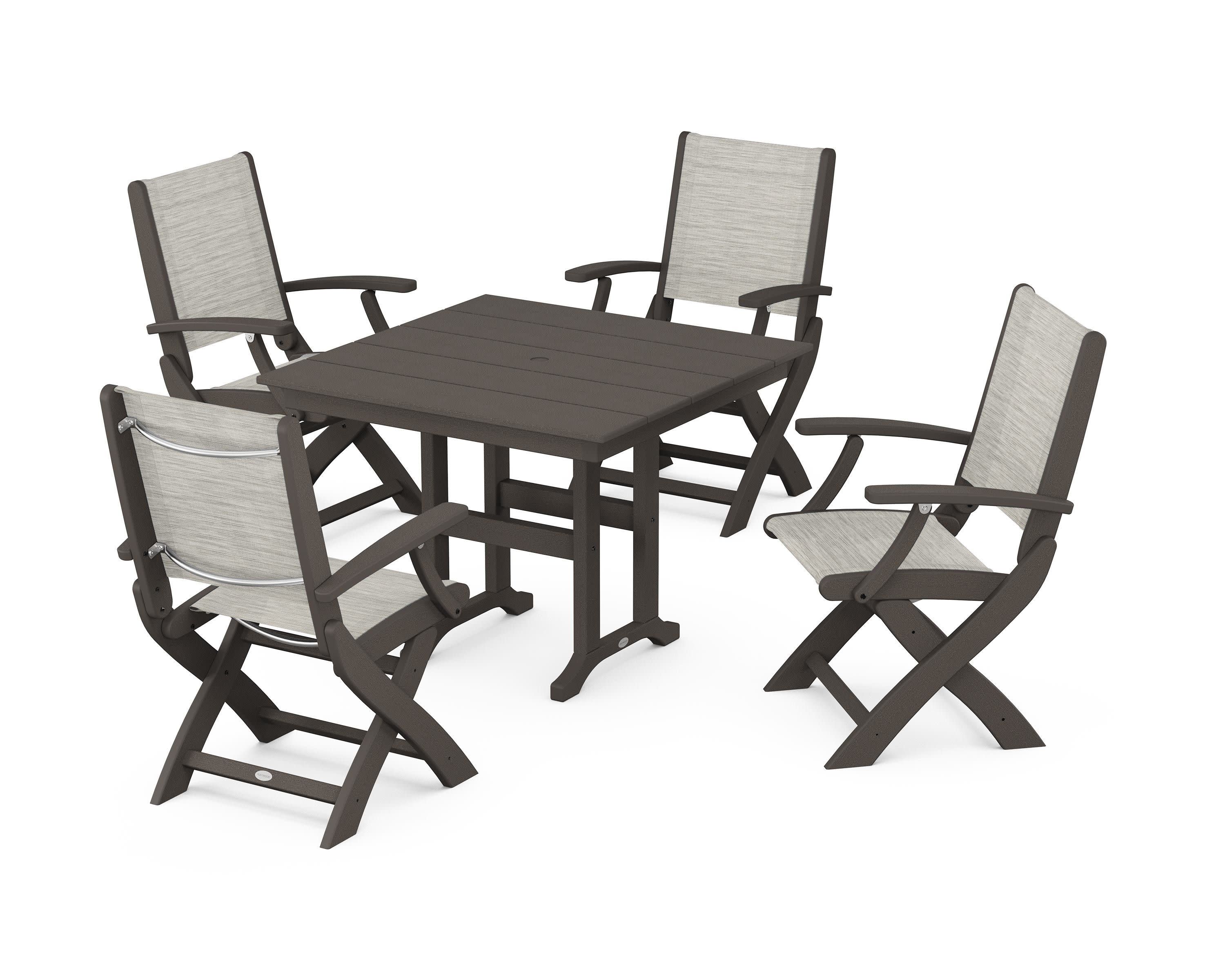 Coastal Folding Chair 5-Piece Farmhouse Dining Set in Vintage Coffee / Birch Sling