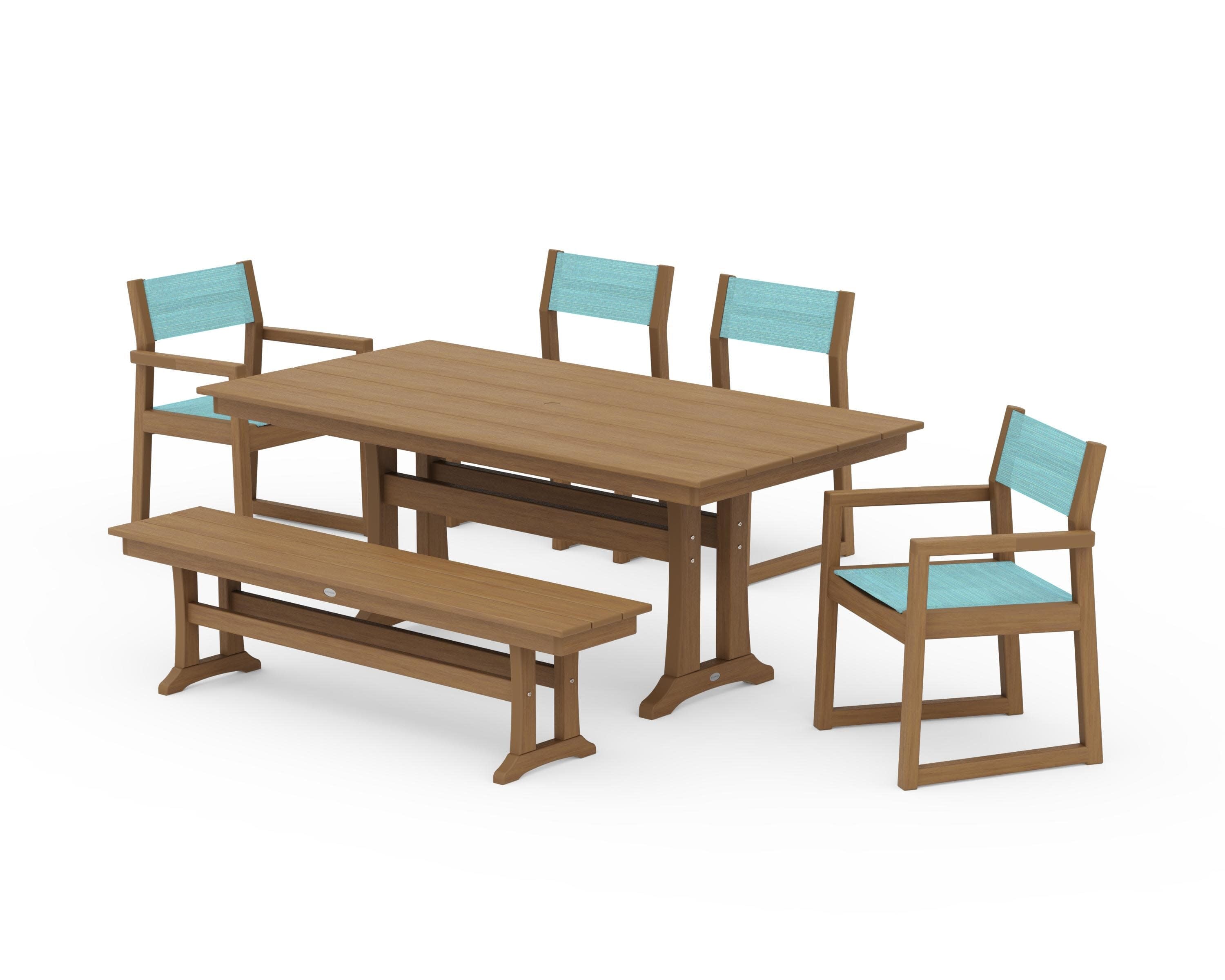 EDGE Sling 6-Piece Farmhouse Dining Set With Trestle Legs in Natural / Dupioni Aquamarine Sling