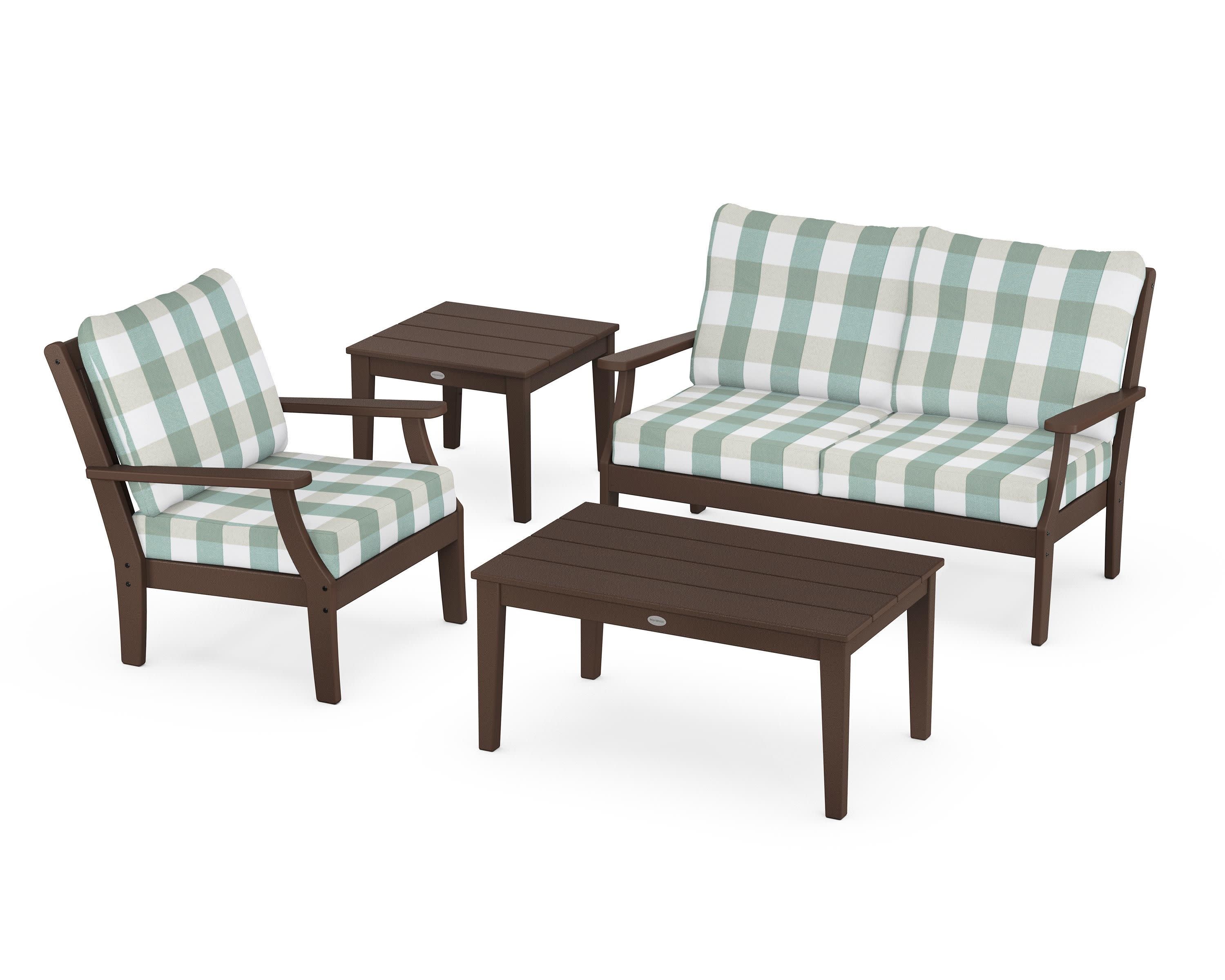 Braxton 4-Piece Deep Seating Set in Mahogany / Buffalo Plaid Glacier Spa