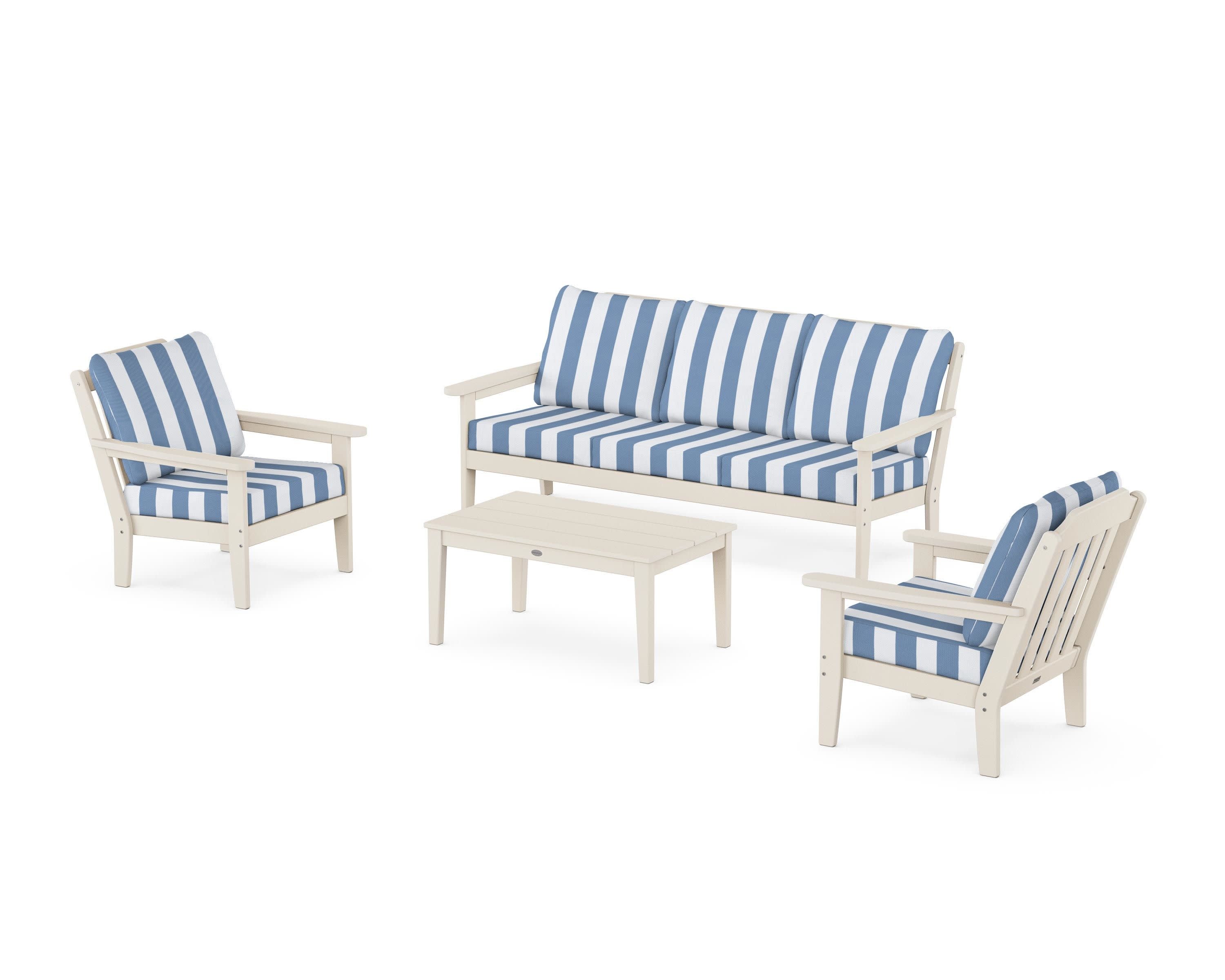 Cottage 4-Piece Deep Seating Set with Sofa in Sand / Cabana Stripe Sky Blue